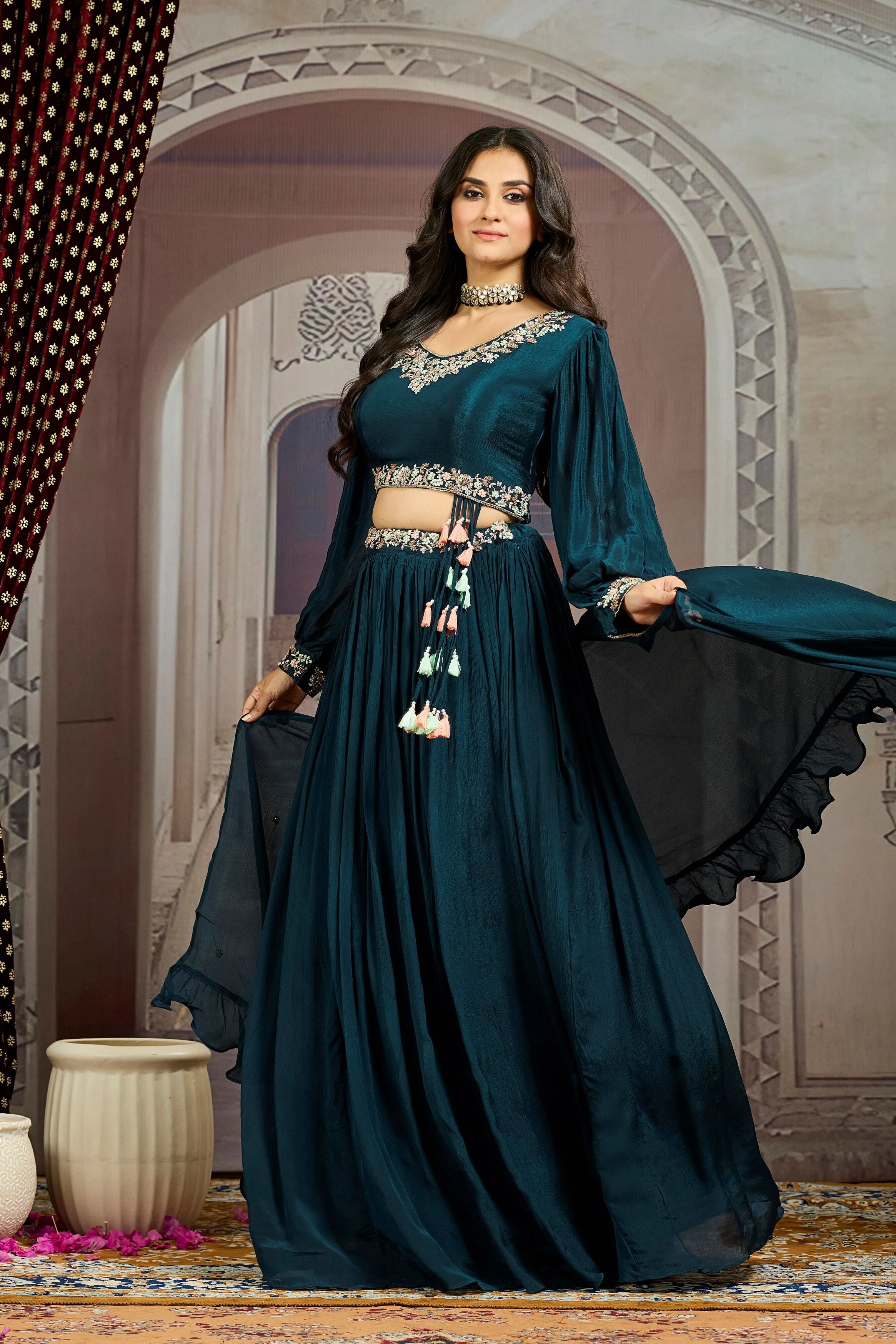 Deep Teal Embellished Chinon Silk Skirt Set - Image 5