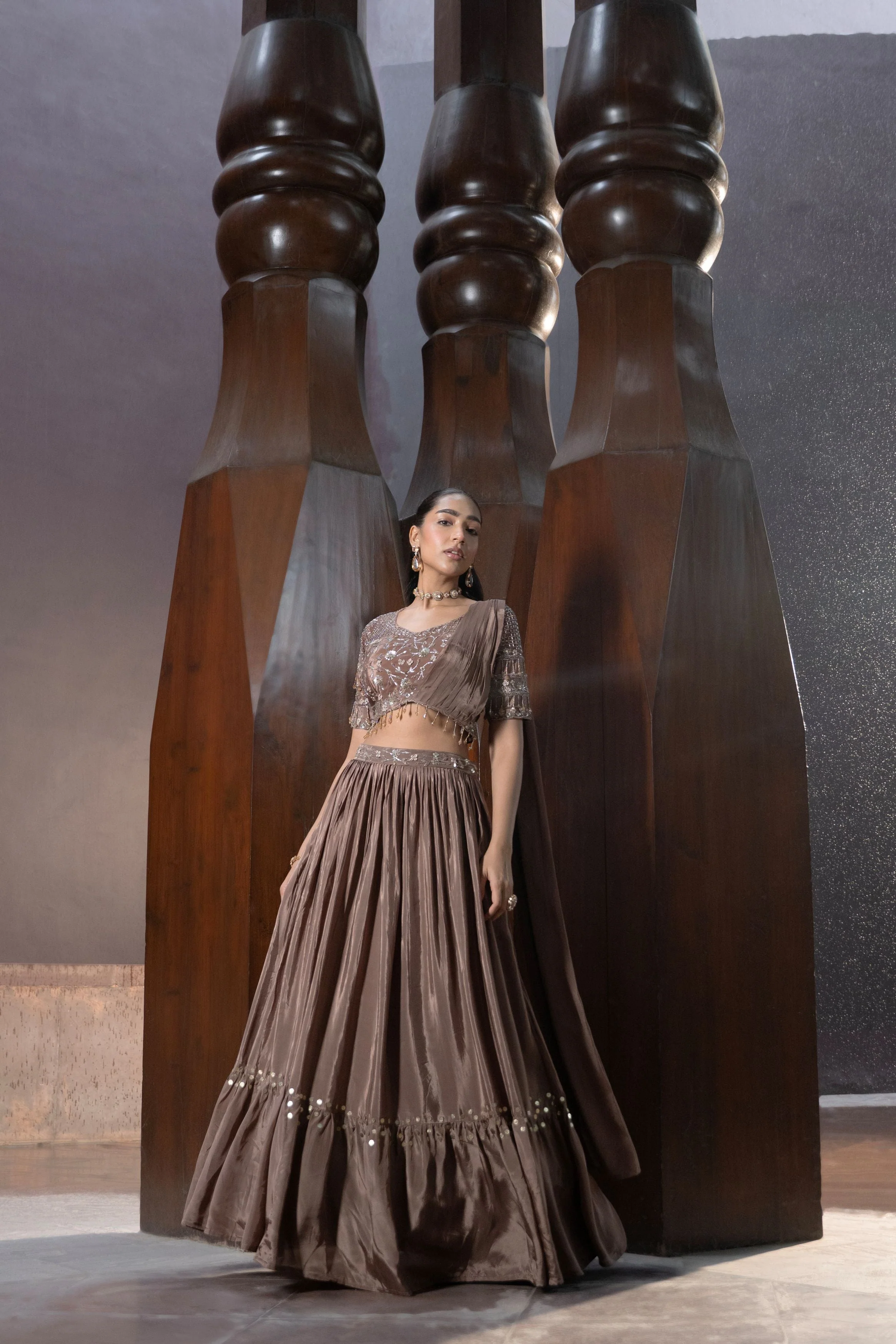 Hot Mouve Embellished Crepe Silk Skirt Set