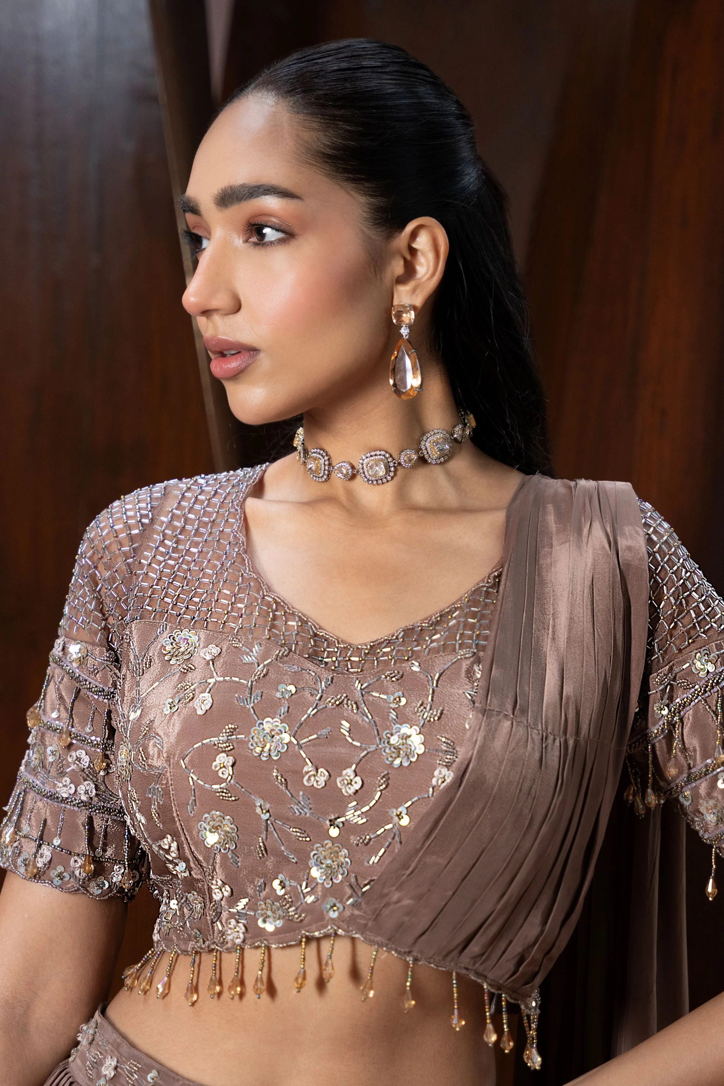 Hot Mouve Embellished Crepe Silk Skirt Set - Image 2