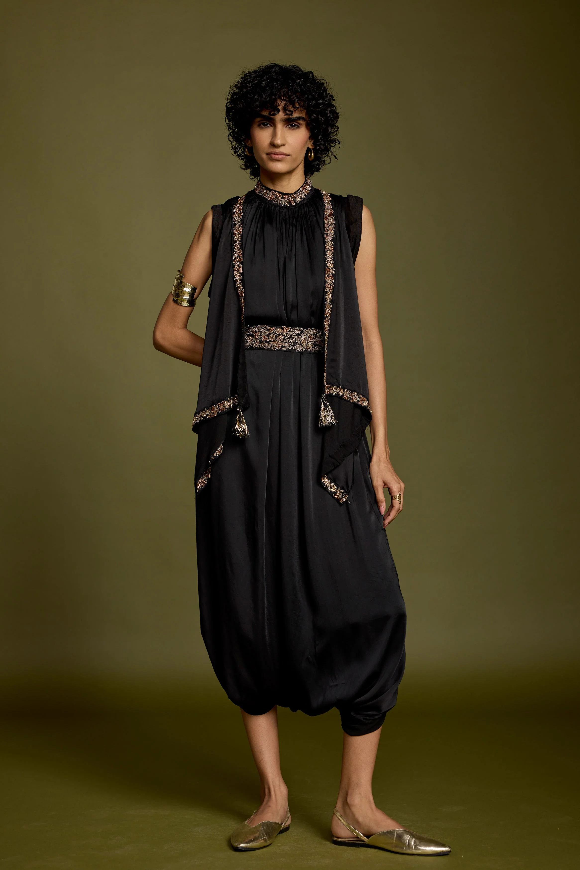 Hot Black Embellished Satin Silk Tunic Dress