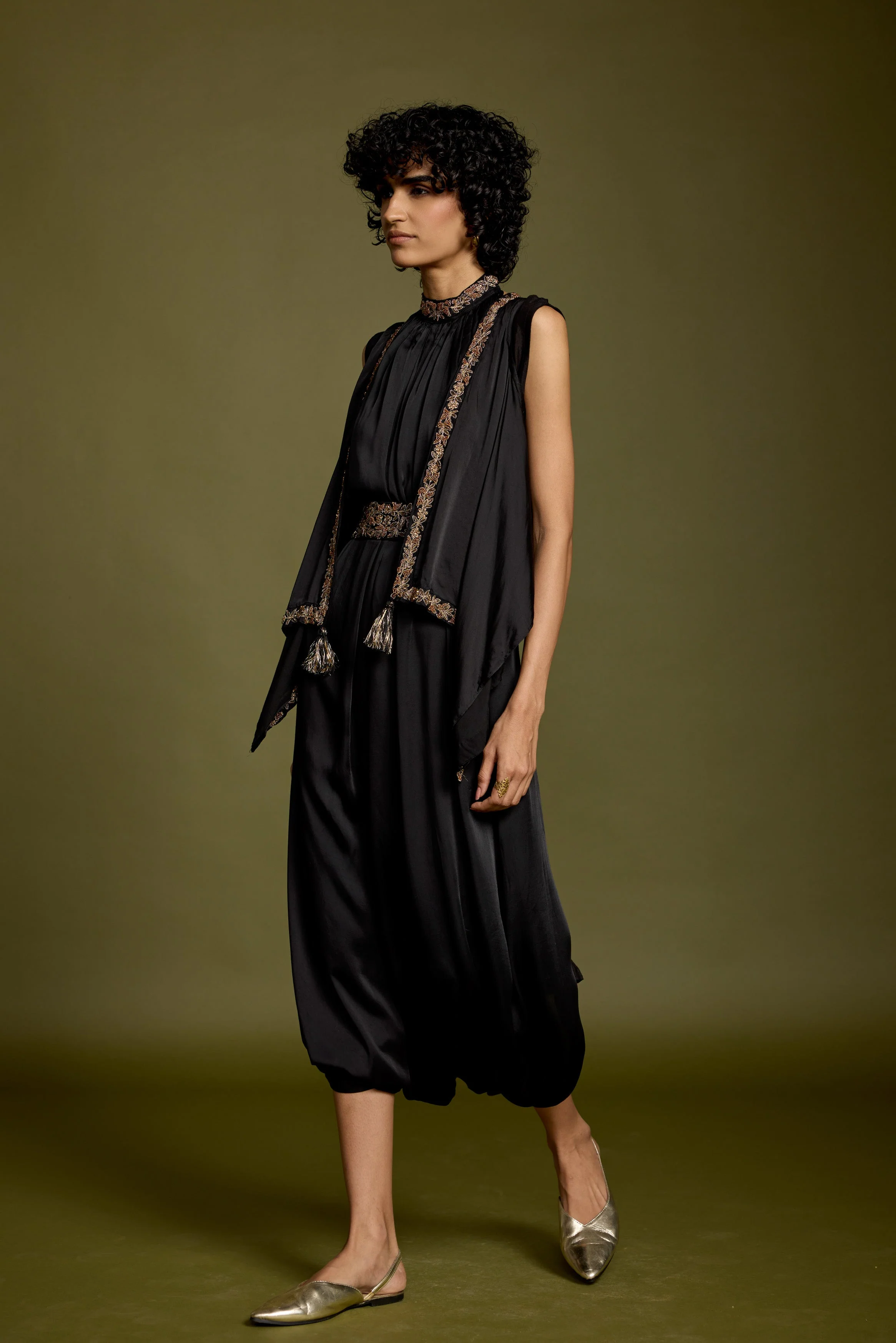 Hot Black Embellished Satin Silk Tunic Dress - Image 2