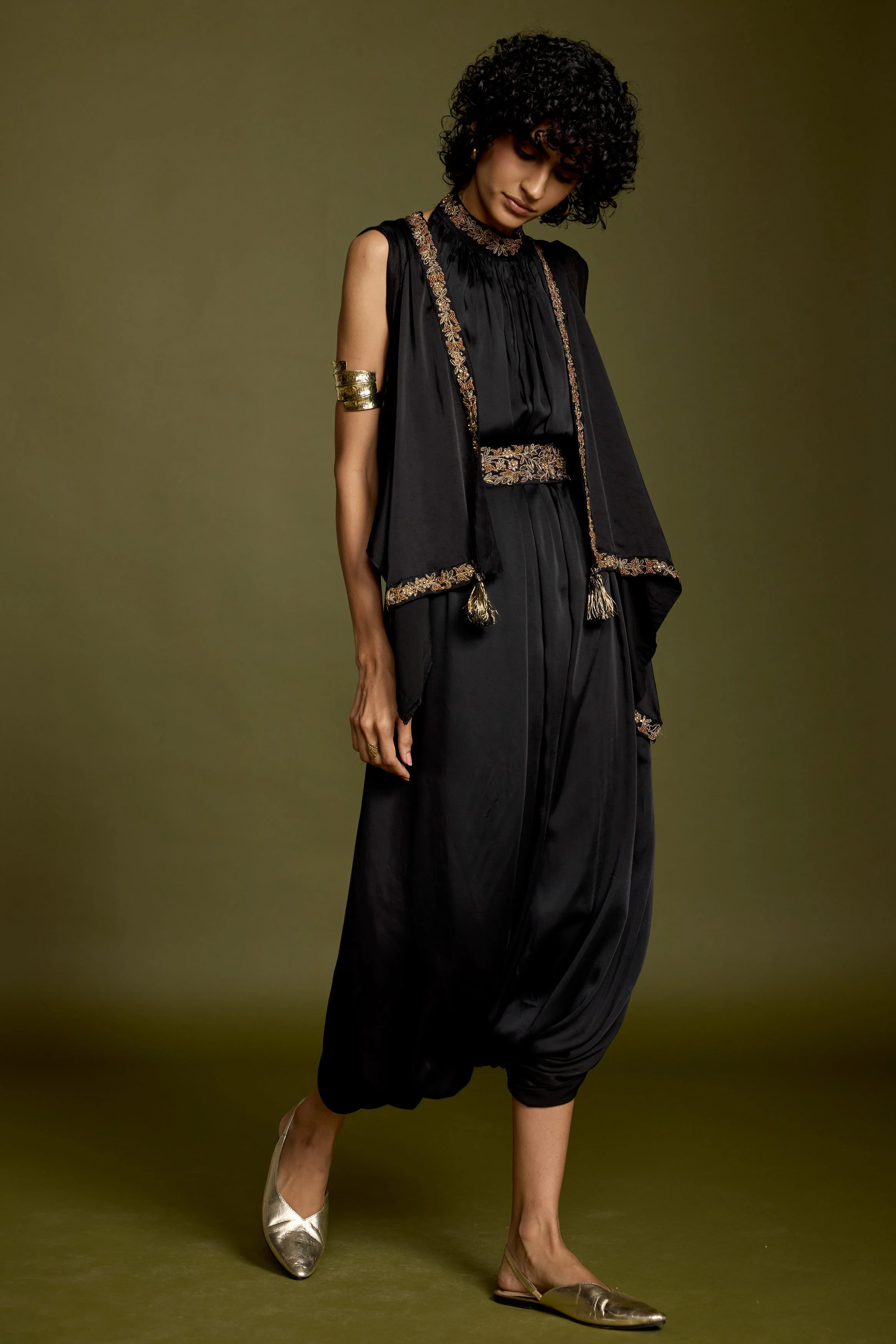 Hot Black Embellished Satin Silk Tunic Dress - Image 3