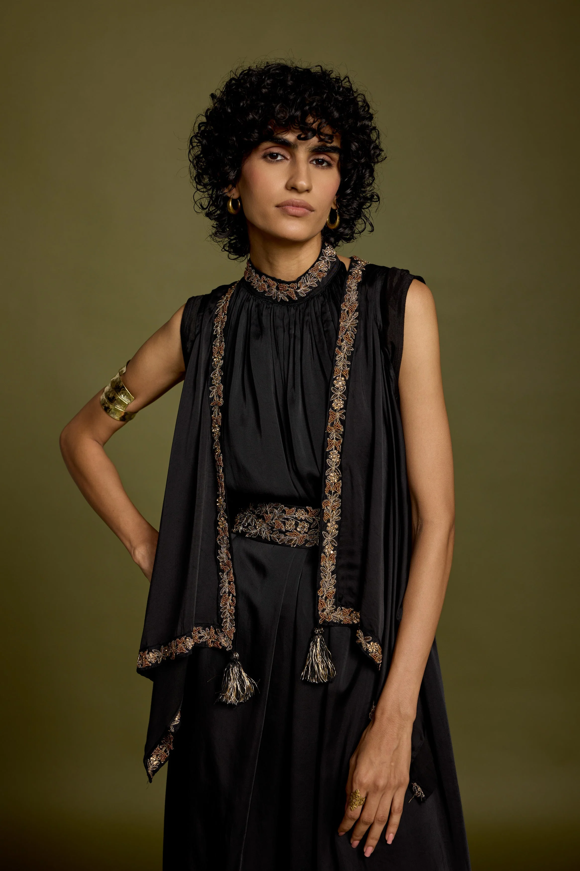 Hot Black Embellished Satin Silk Tunic Dress - Image 4