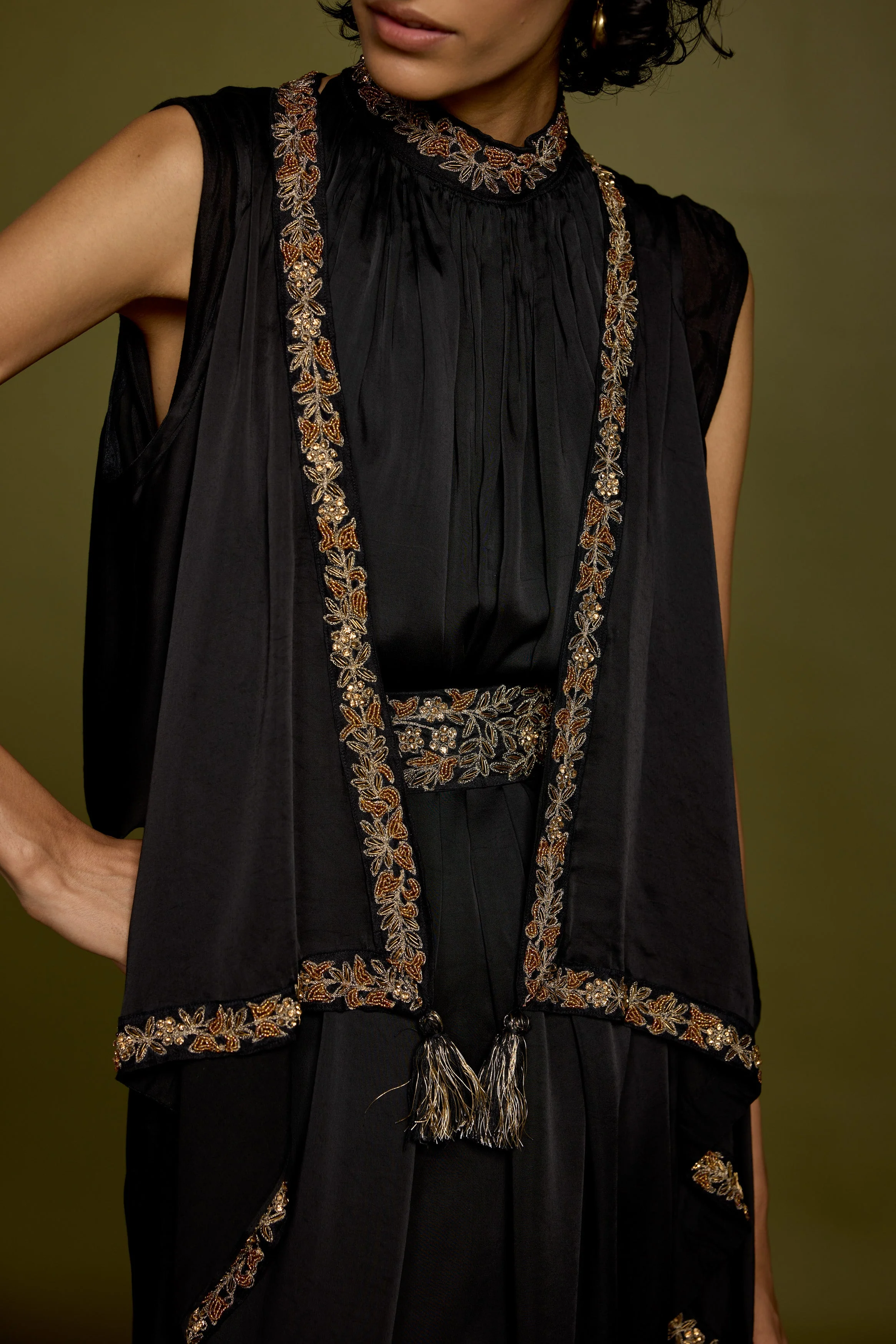 Hot Black Embellished Satin Silk Tunic Dress - Image 5