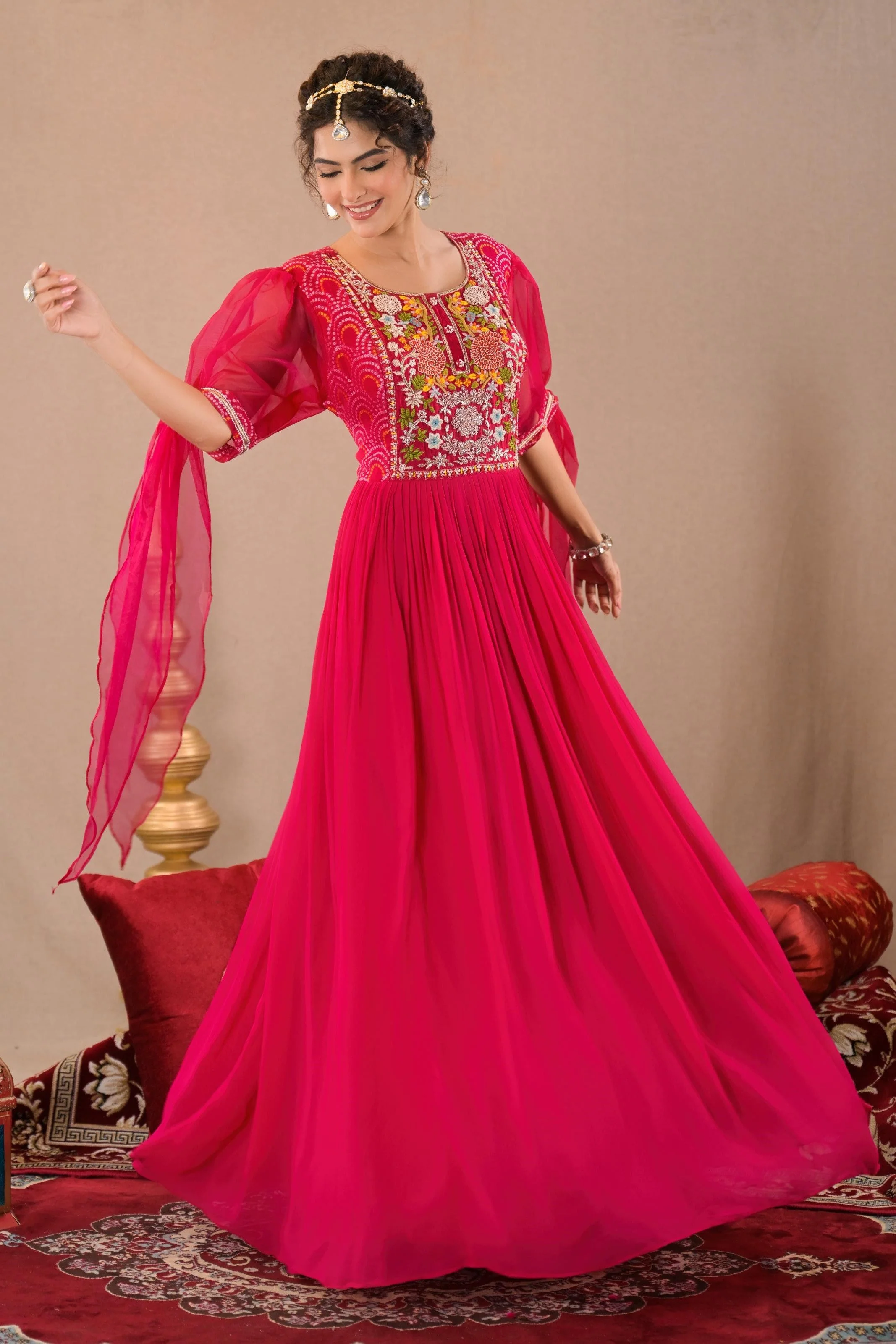 Hot Pink Bandhej Printed Georgette Silk Gown - Image 3