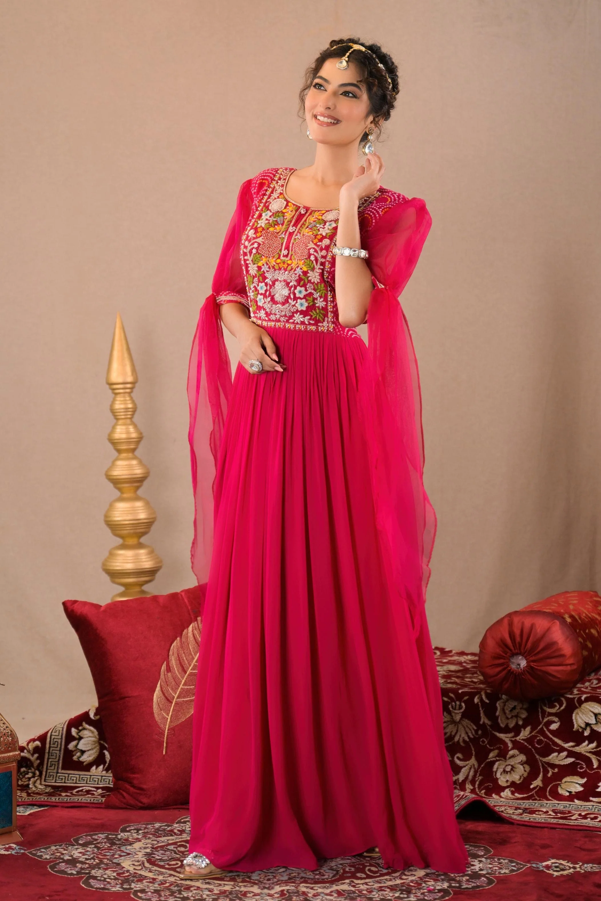 Hot Pink Bandhej Printed Georgette Silk Gown - Image 4