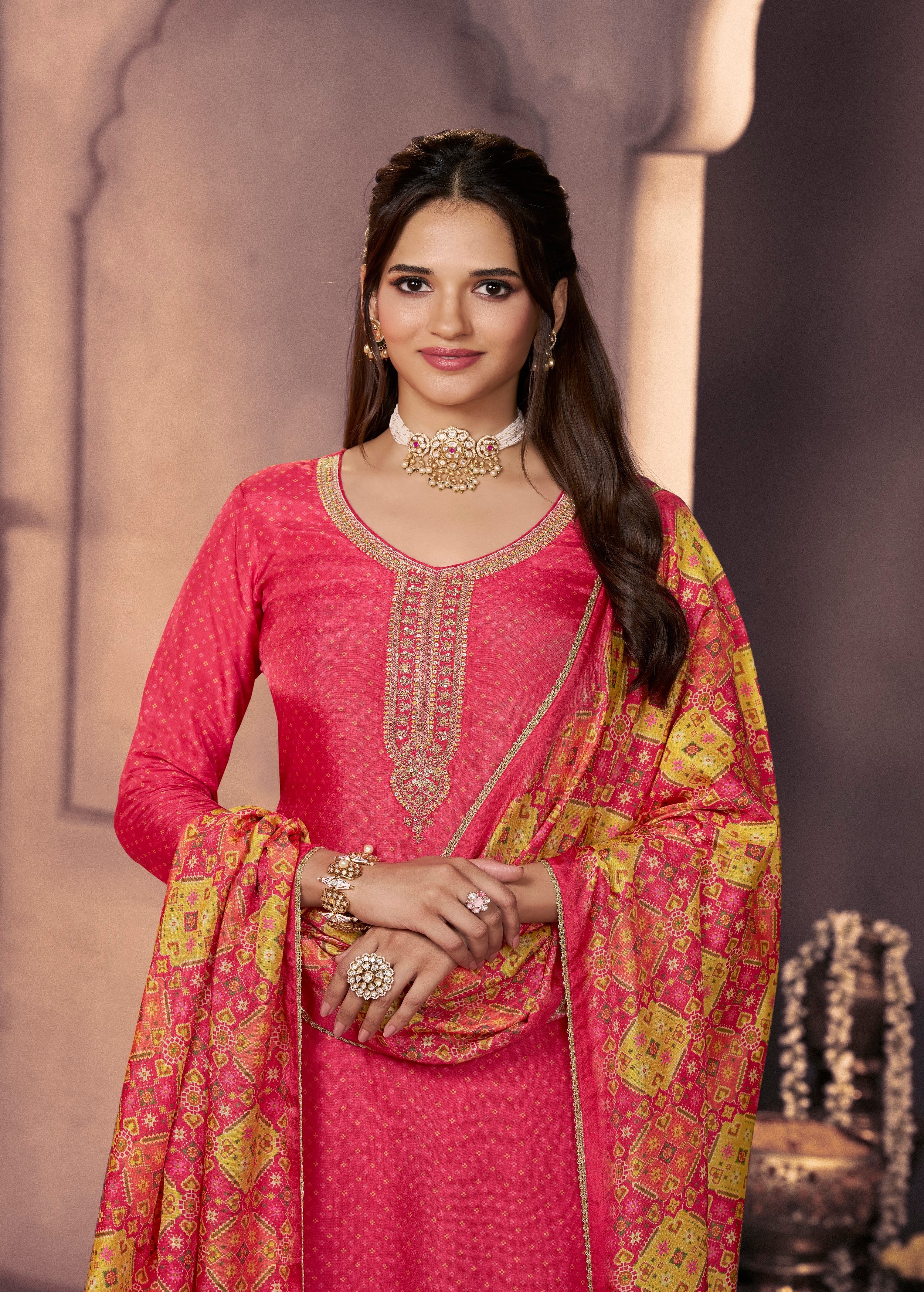 Vibrant Pink Printed Dola Silk Pant Set - Image 2