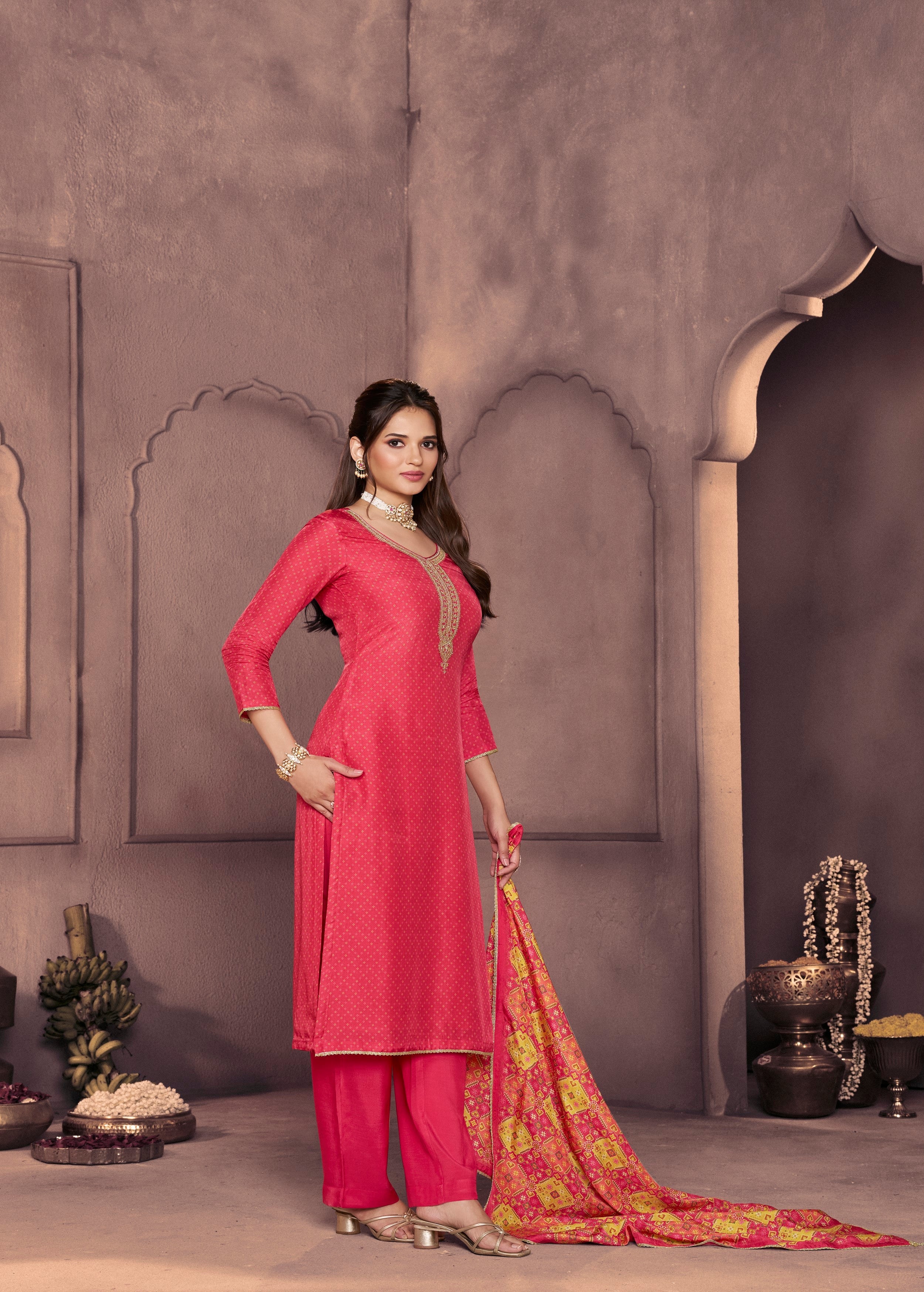 Vibrant Pink Printed Dola Silk Pant Set - Image 3
