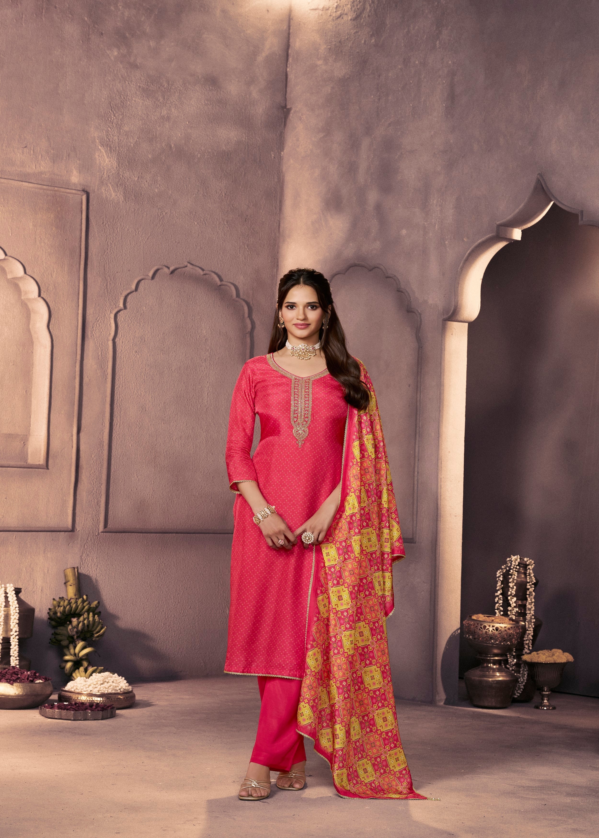 Vibrant Pink Printed Dola Silk Pant Set - Image 4
