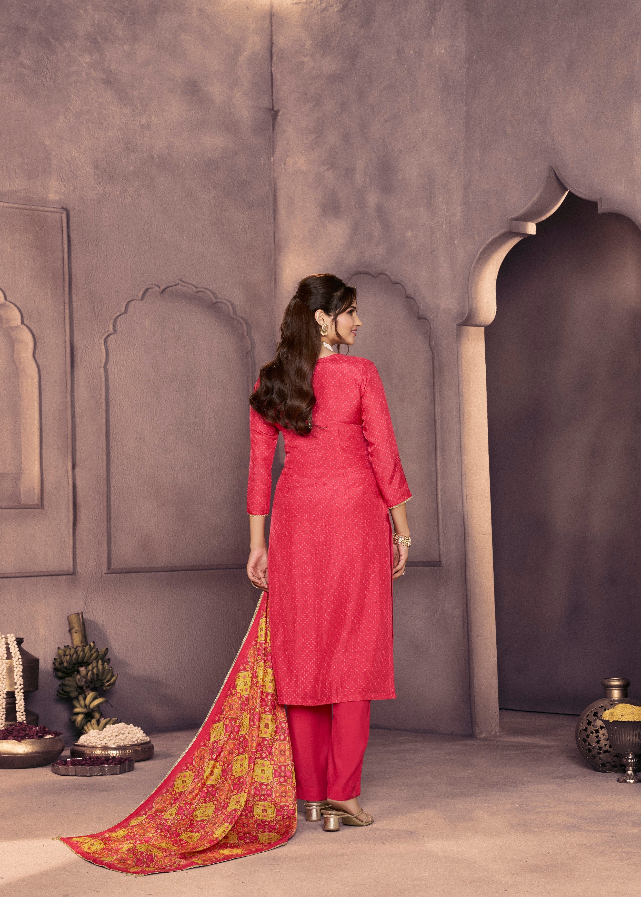 Vibrant Pink Printed Dola Silk Pant Set - Image 5