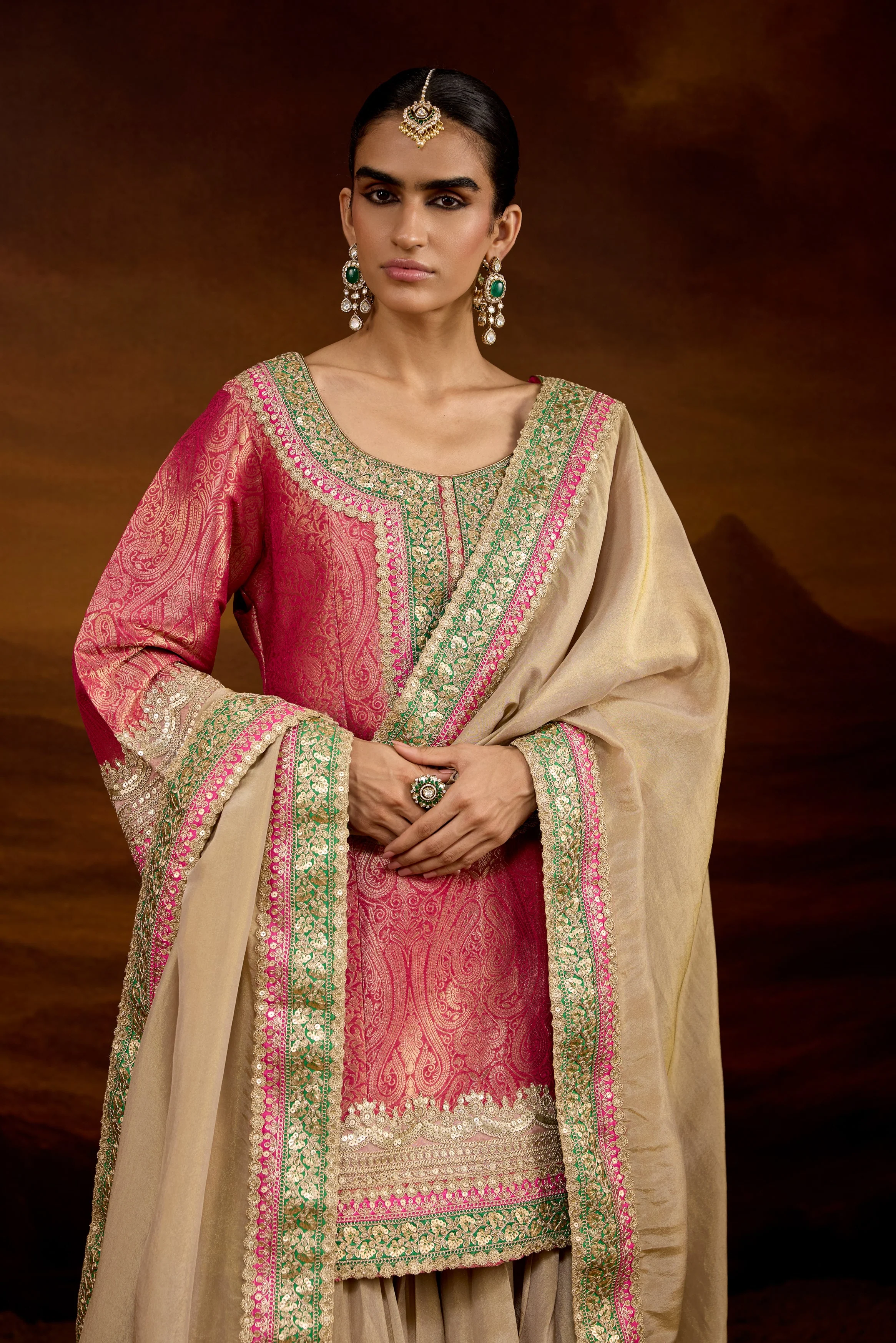 Hot Pink Embellished Brocade Silk Sharara Set - Image 3