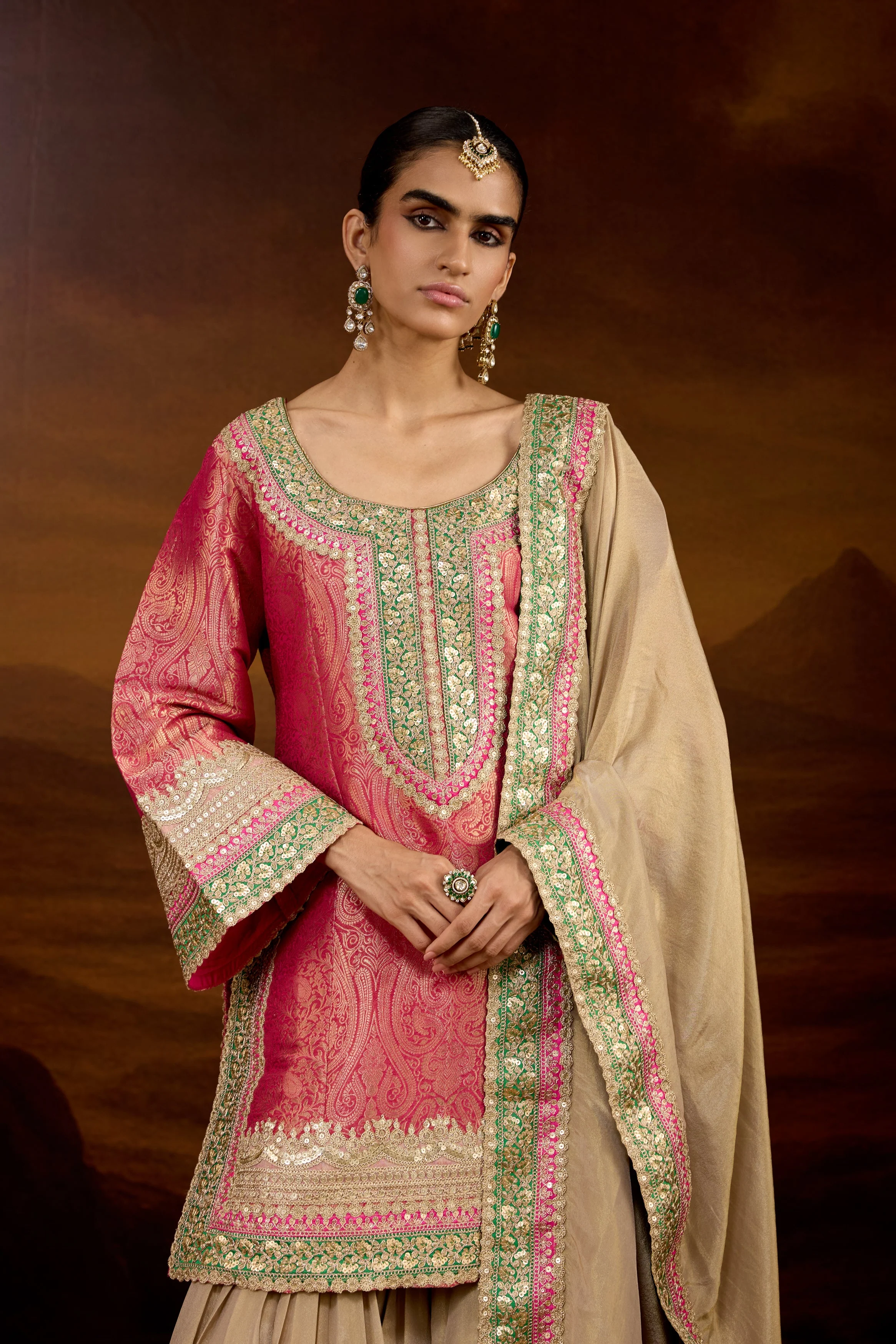 Hot Pink Embellished Brocade Silk Sharara Set - Image 4