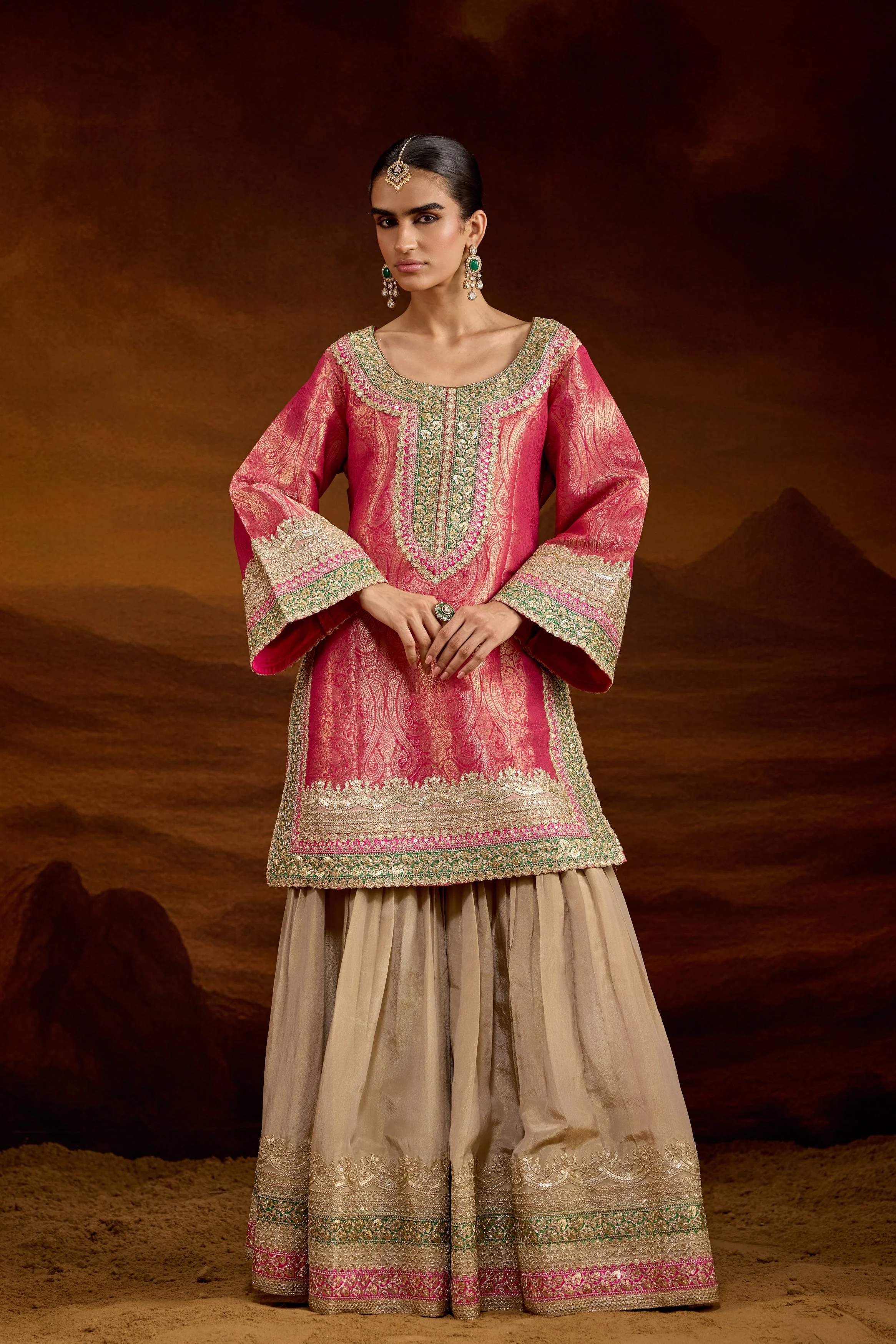 Hot Pink Embellished Brocade Silk Sharara Set - Image 5