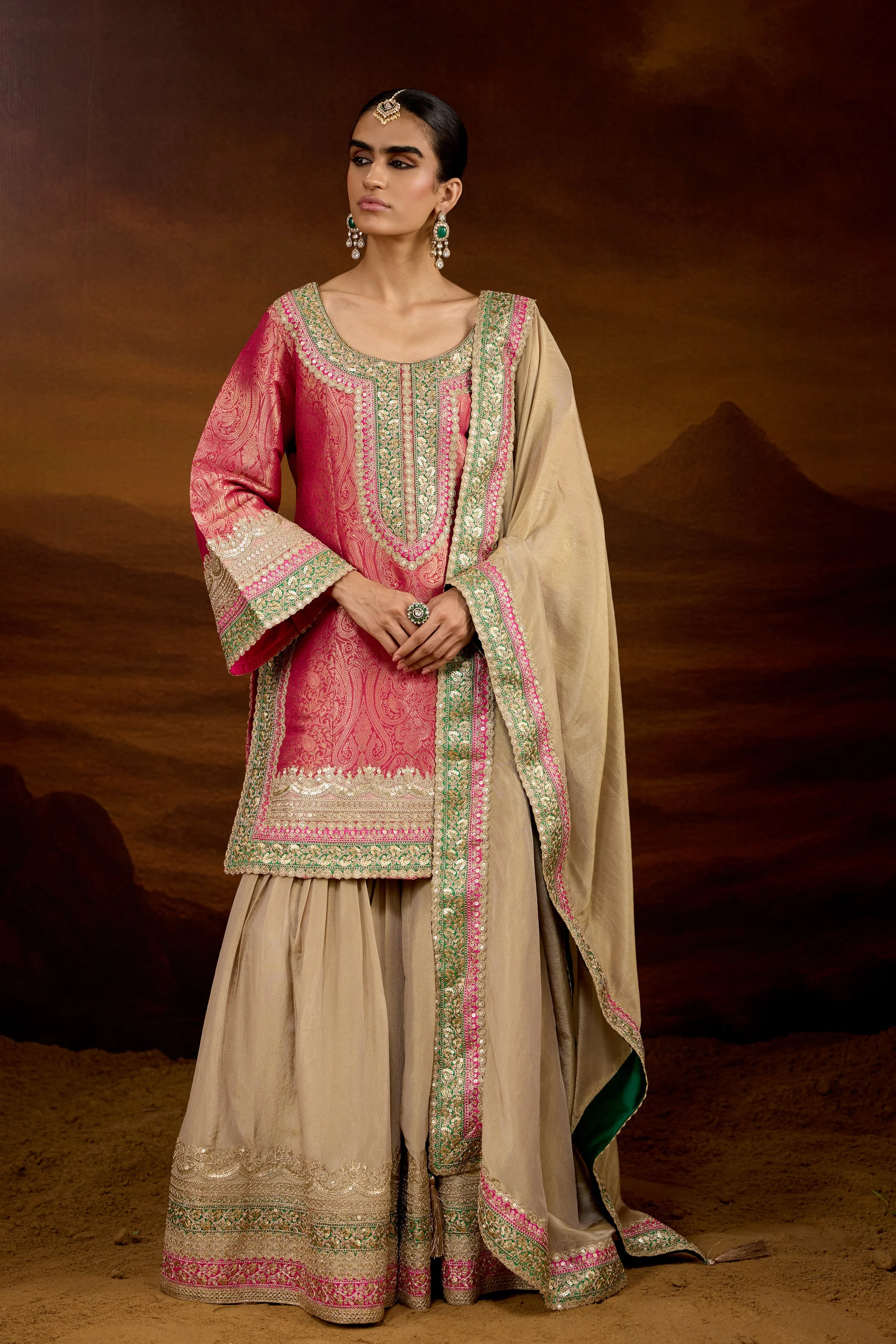 Hot Pink Embellished Brocade Silk Sharara Set - Image 6