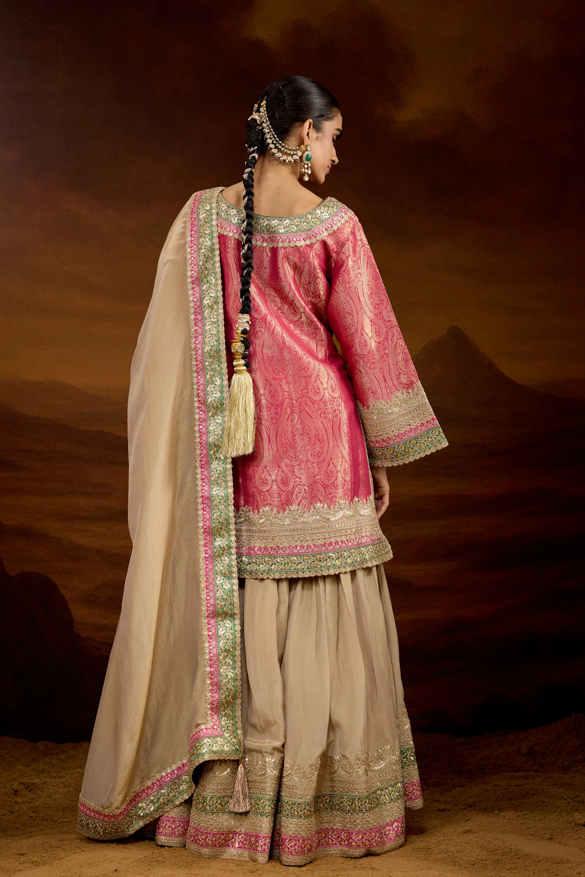 Hot Pink Embellished Brocade Silk Sharara Set - Image 7