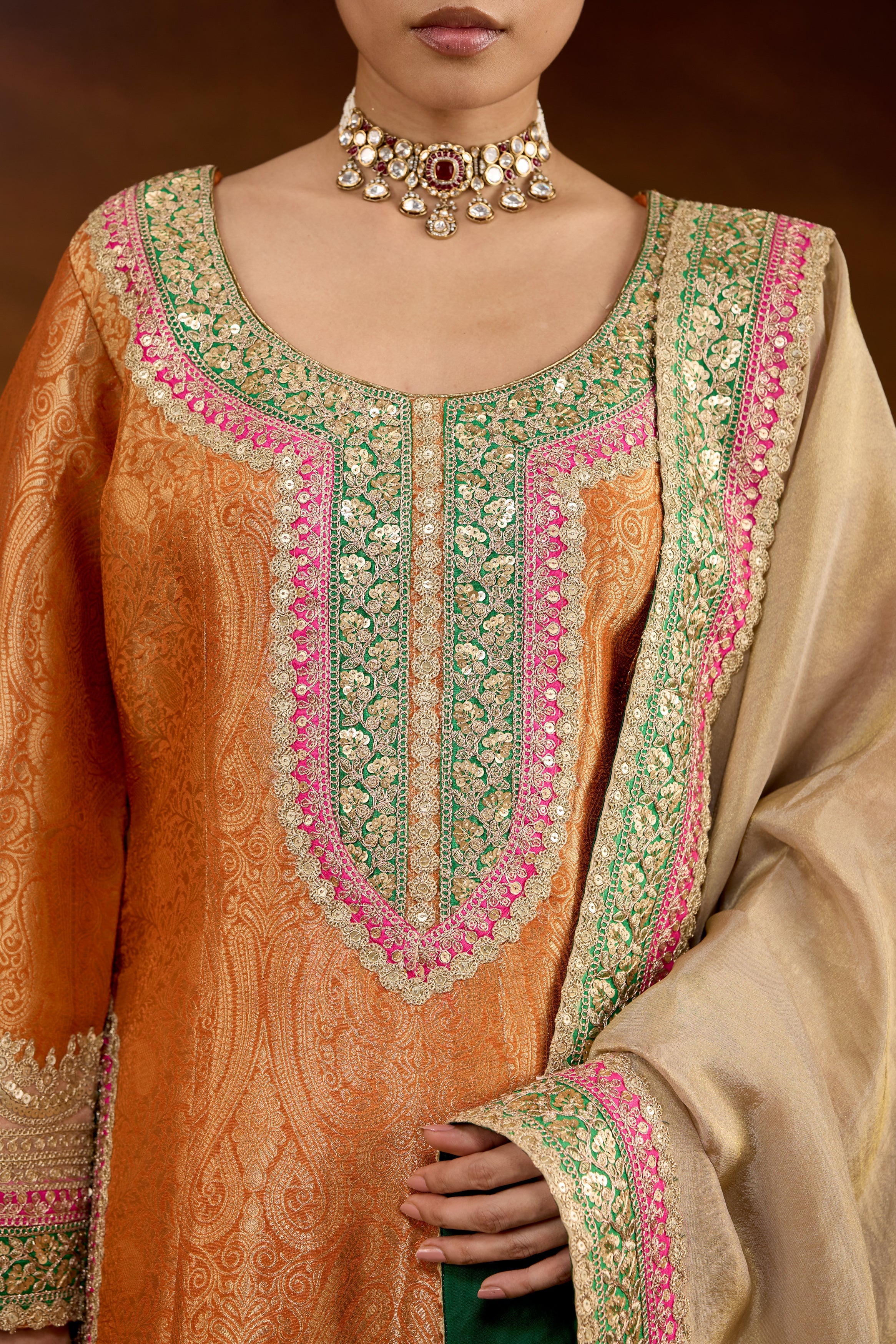 Hot Orange Embellished Brocade Silk Sharara Set - Image 2
