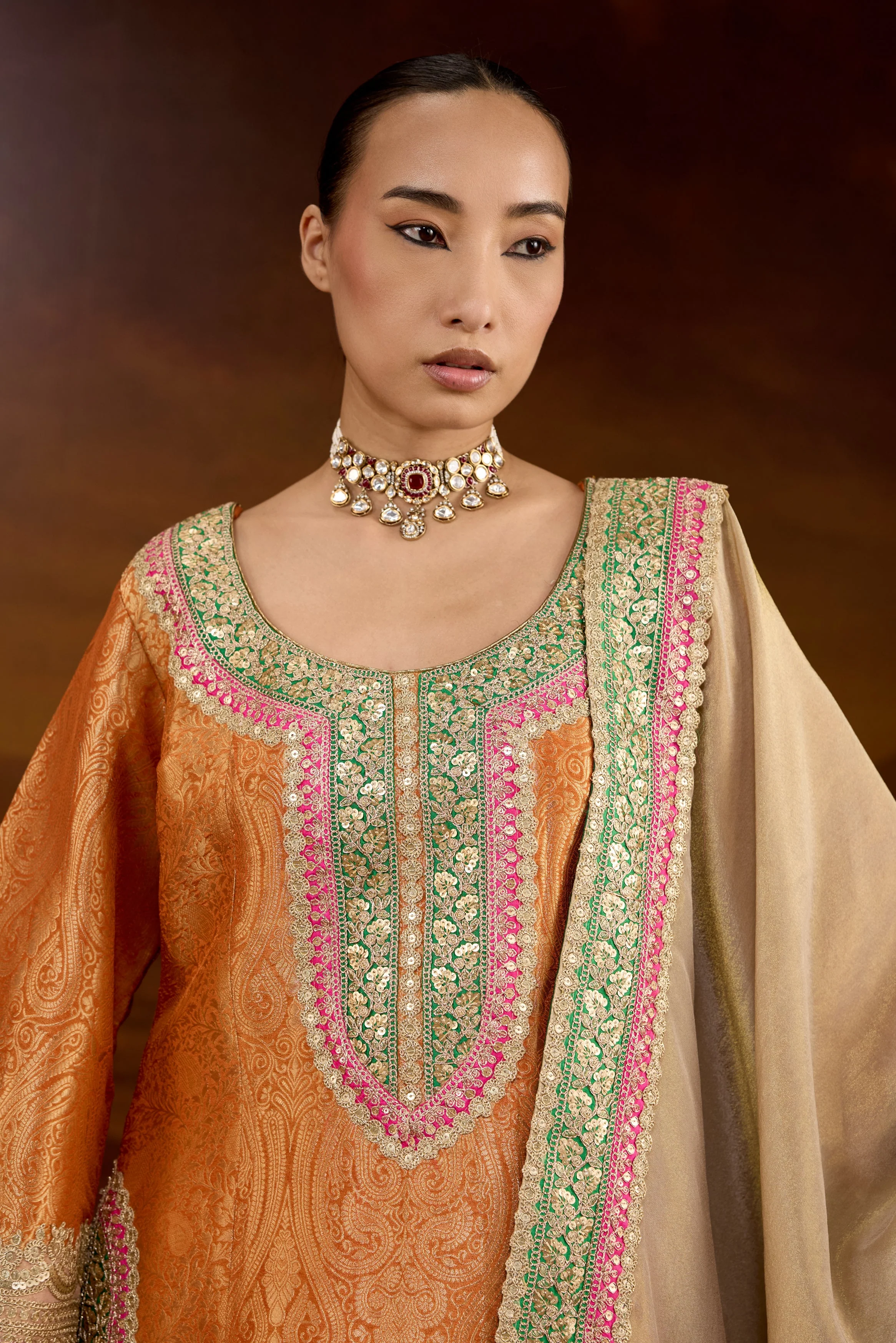 Hot Orange Embellished Brocade Silk Sharara Set - Image 3