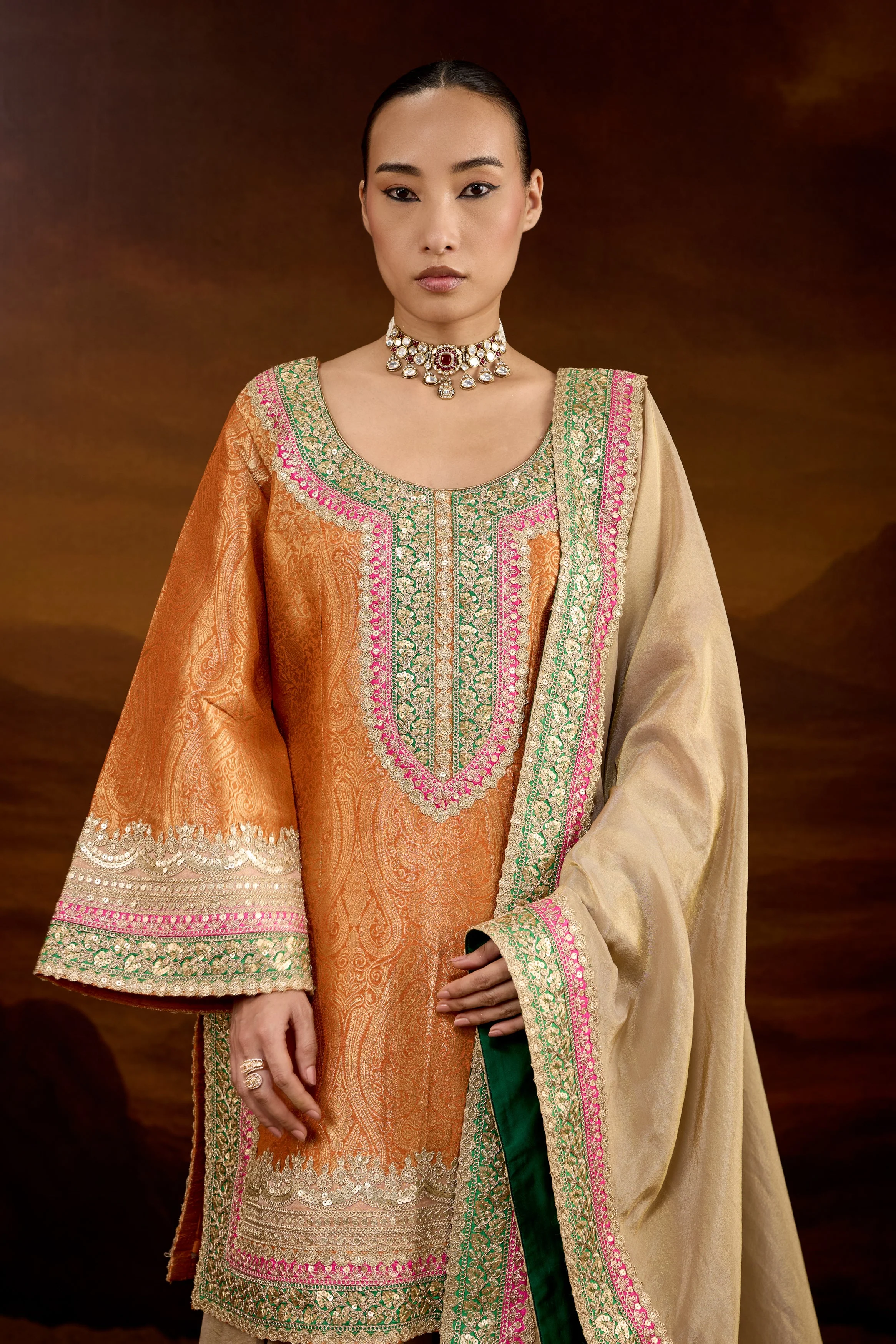 Hot Orange Embellished Brocade Silk Sharara Set - Image 4