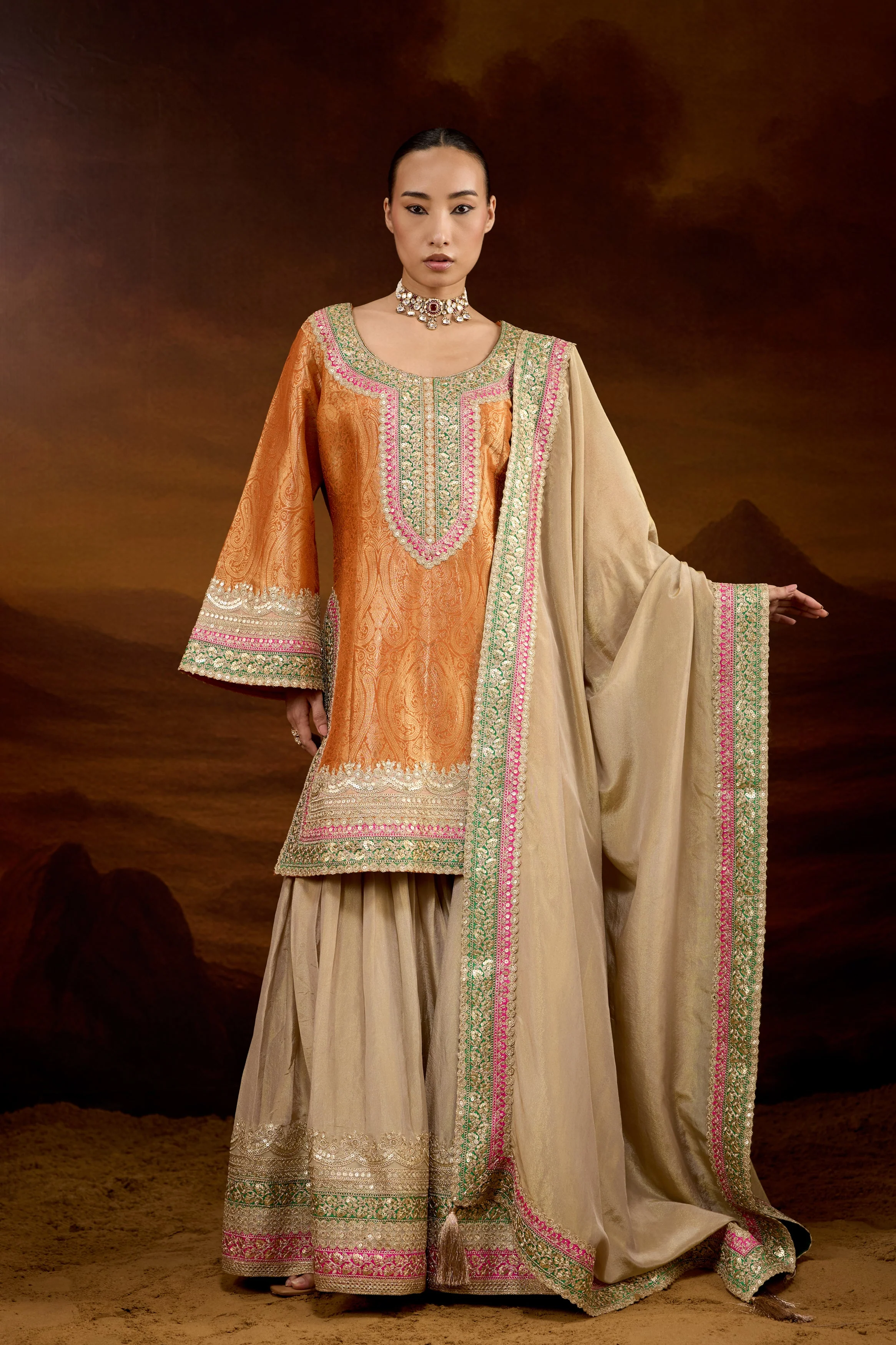 Hot Orange Embellished Brocade Silk Sharara Set - Image 5