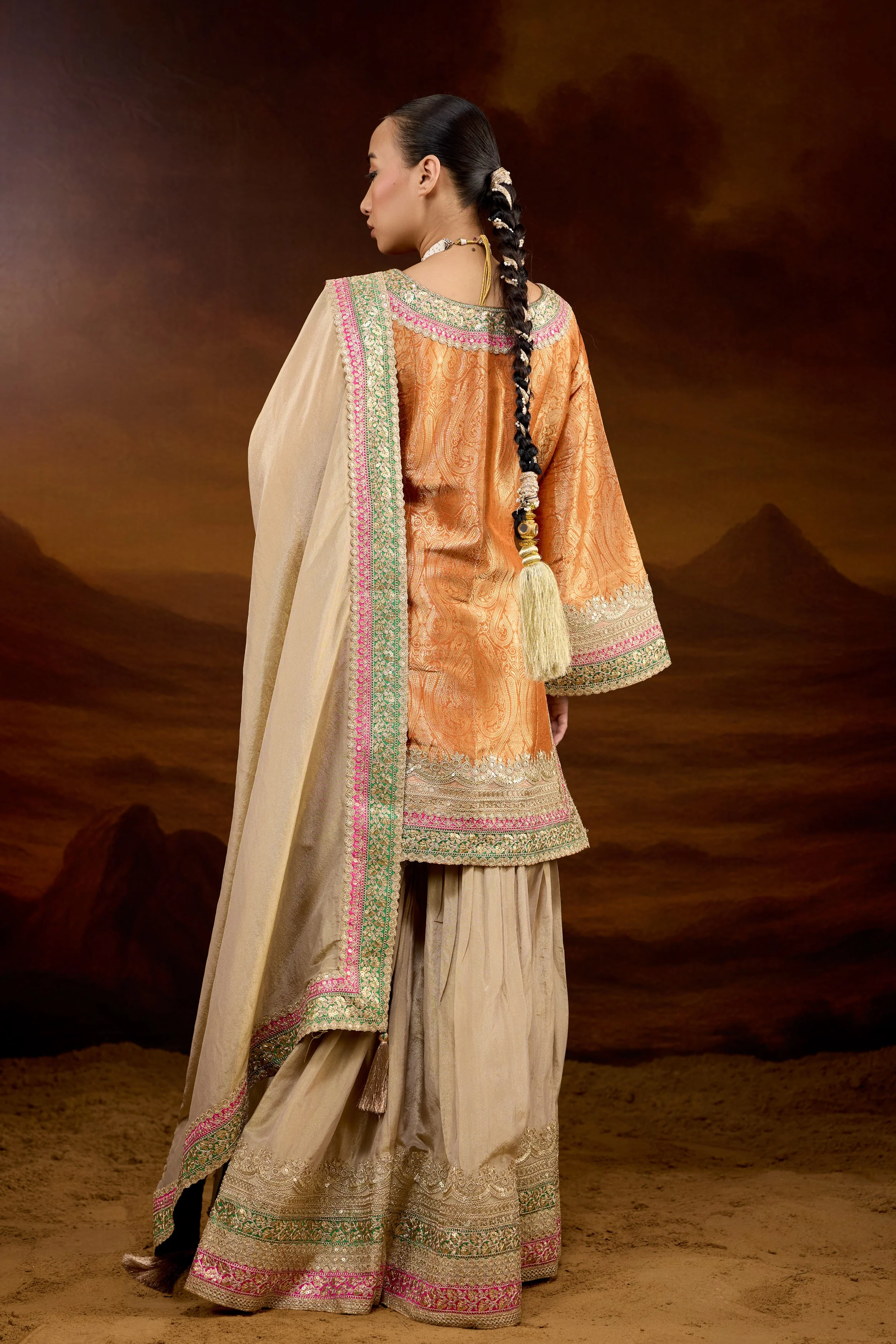Hot Orange Embellished Brocade Silk Sharara Set - Image 6