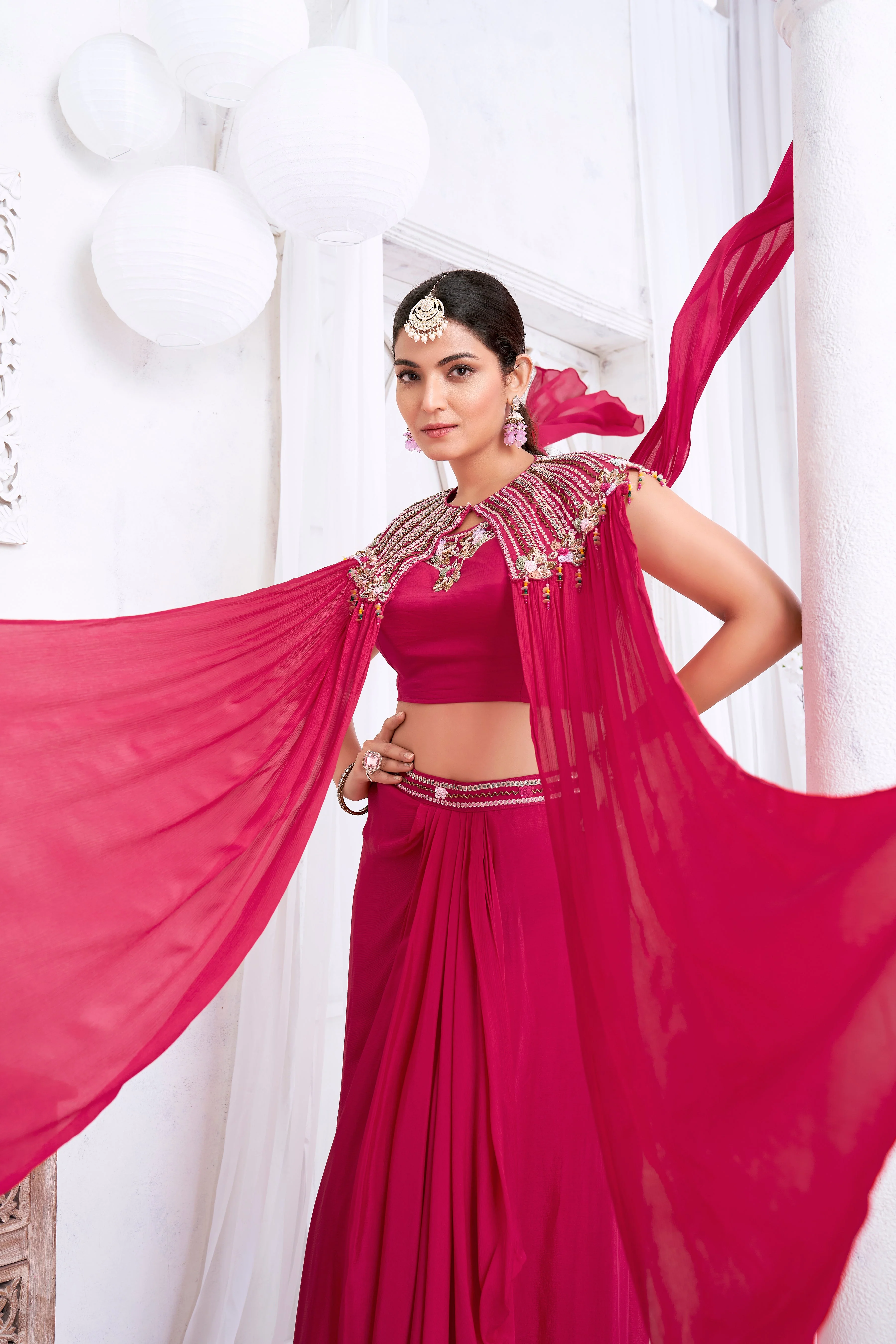 Hot Pink Embellished Chinon Silk Cape Set - Image 2