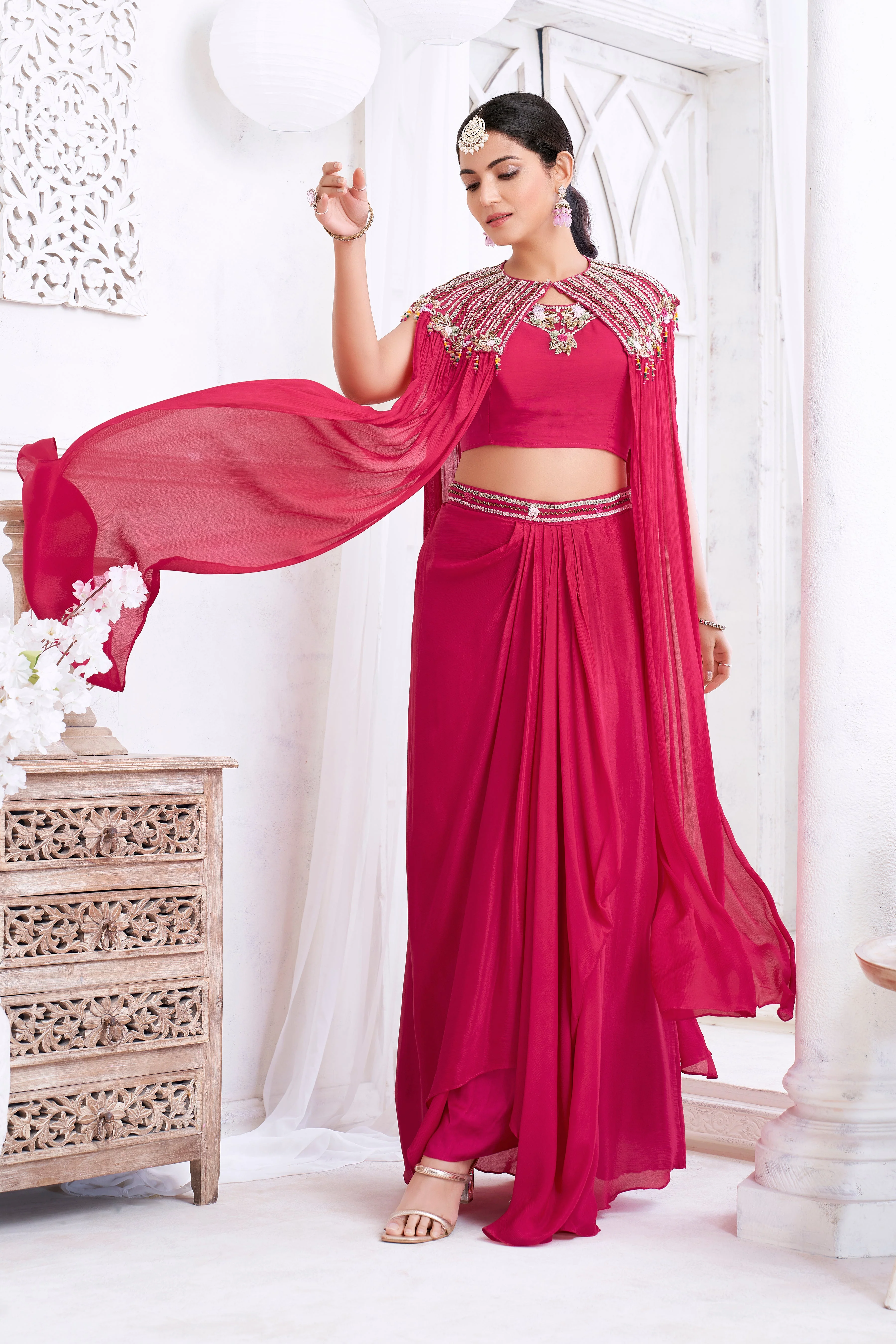 Hot Pink Embellished Chinon Silk Cape Set - Image 3