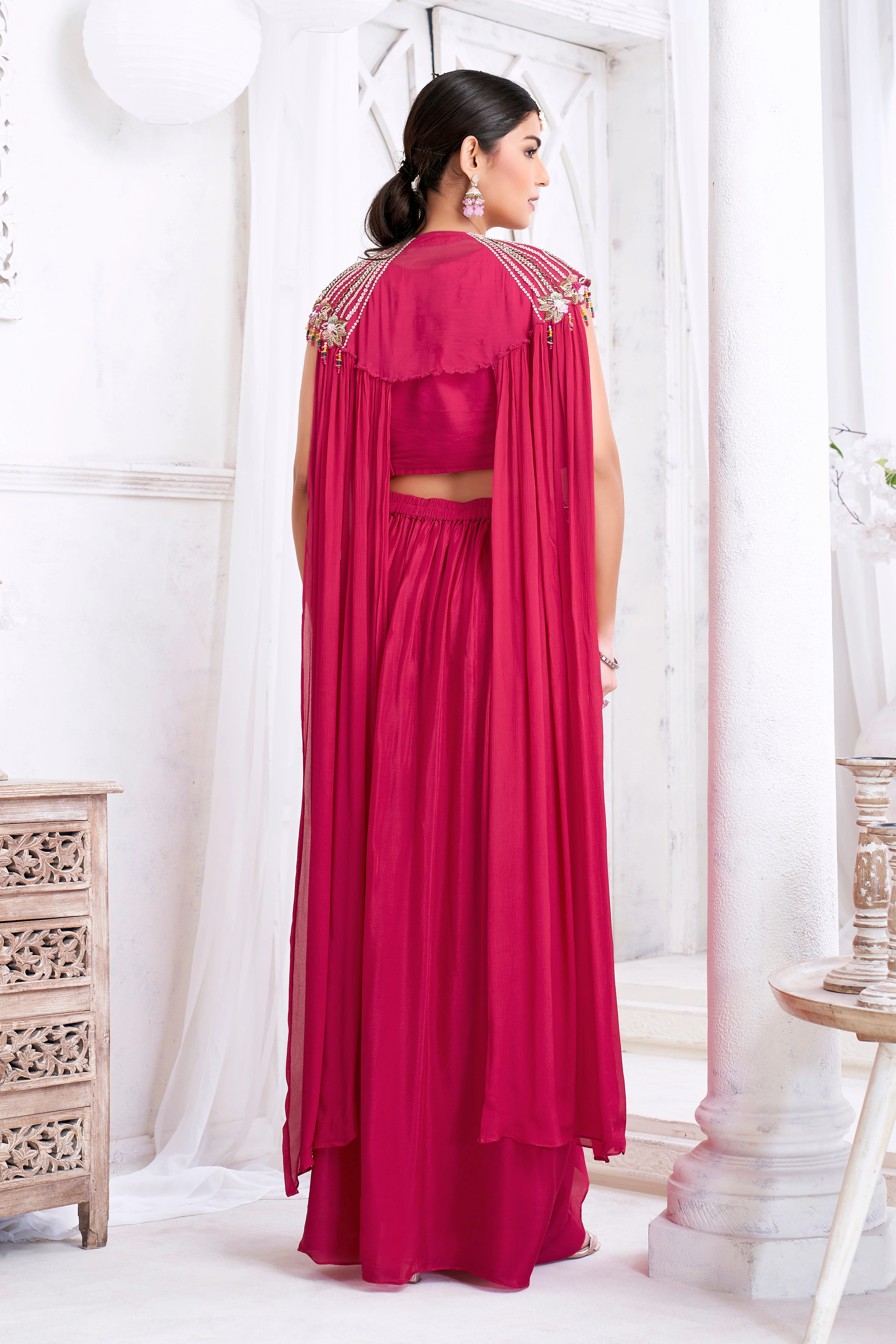 Hot Pink Embellished Chinon Silk Cape Set - Image 4