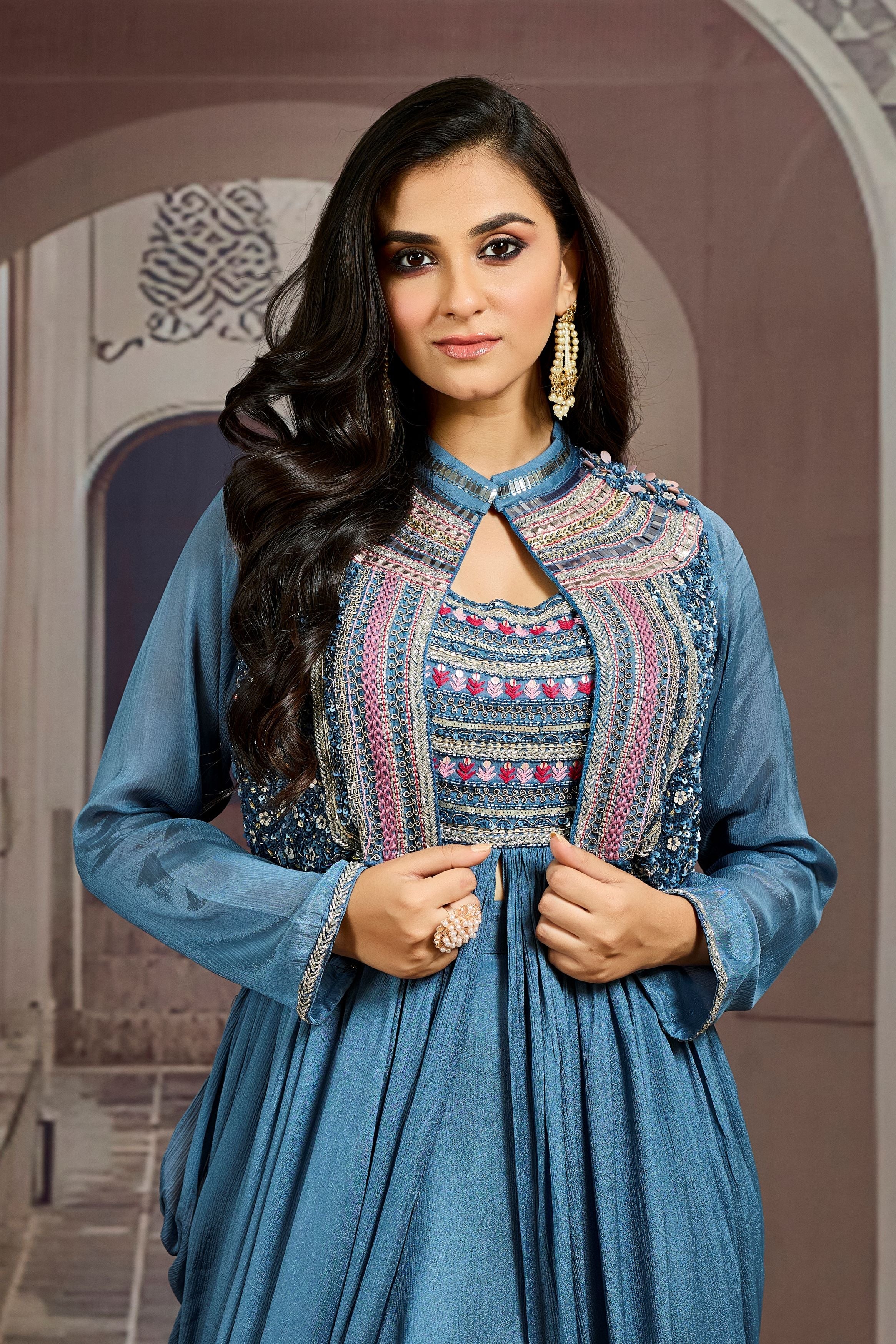 Teal Embellished Chinon Silk Jacket Skirt Set - Image 2