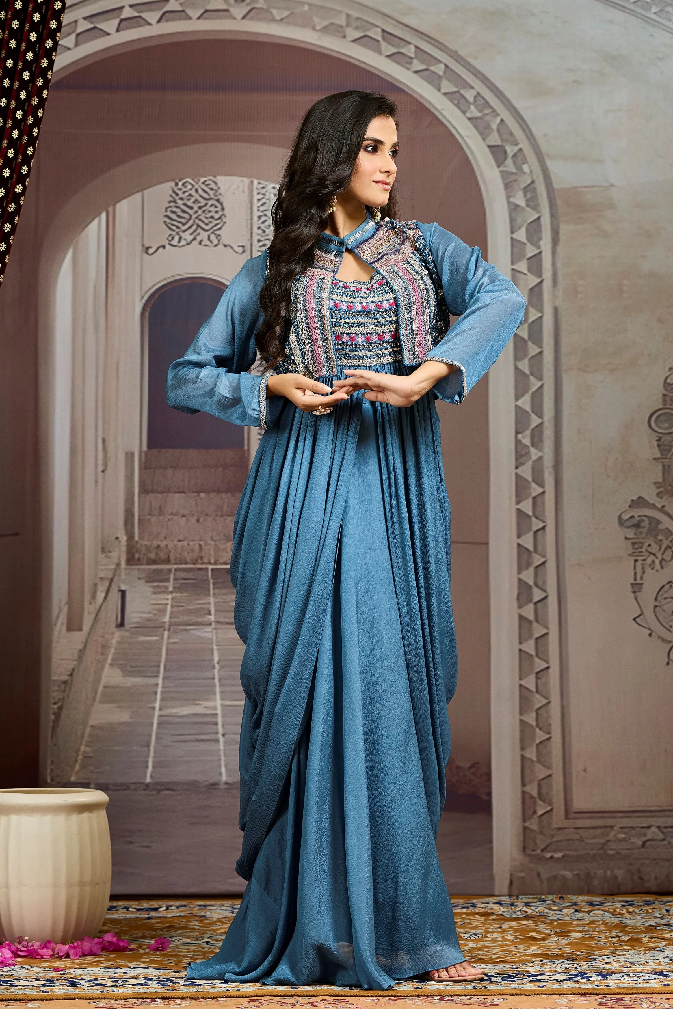 Teal Embellished Chinon Silk Jacket Skirt Set - Image 3