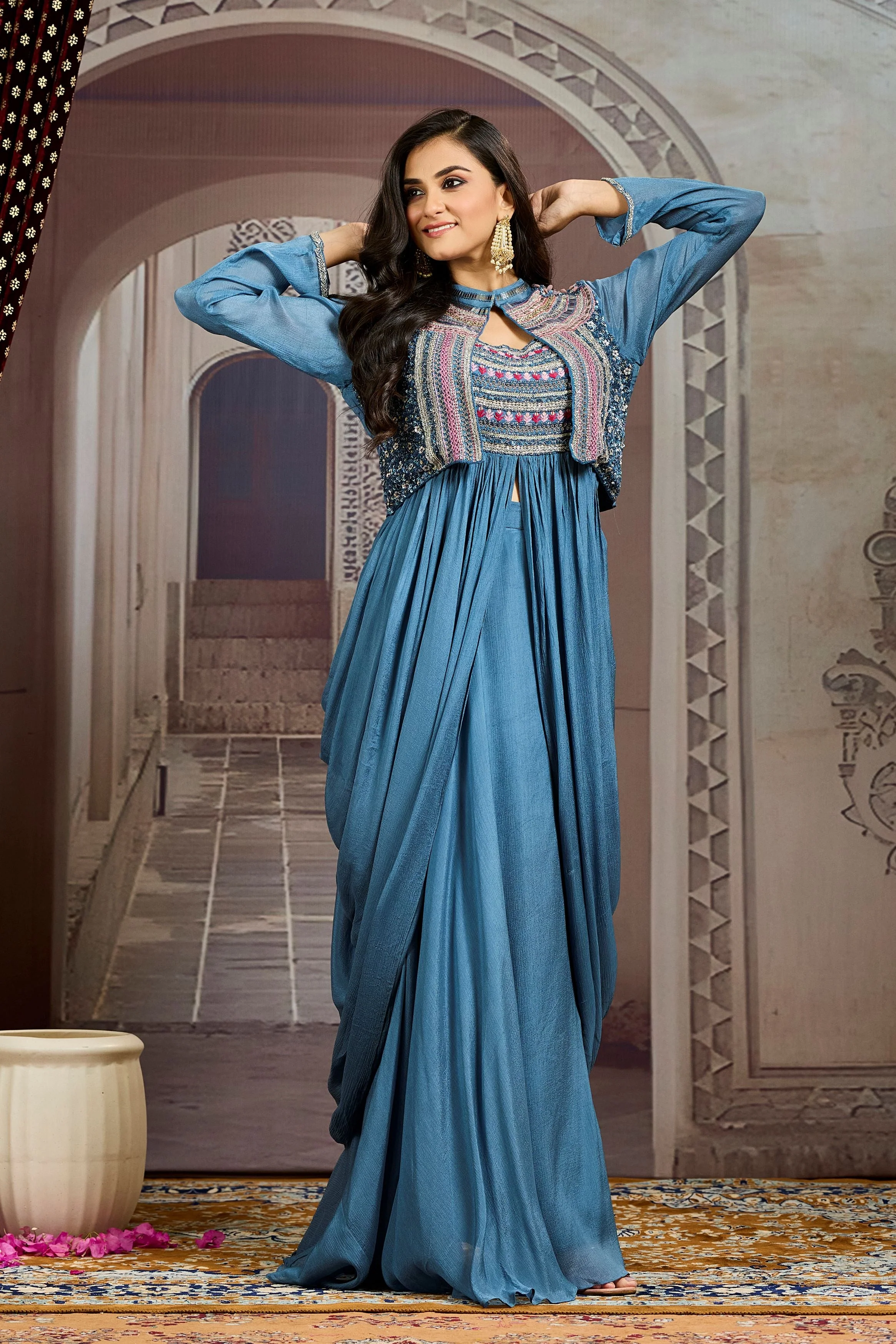 Teal Embellished Chinon Silk Jacket Skirt Set - Image 4