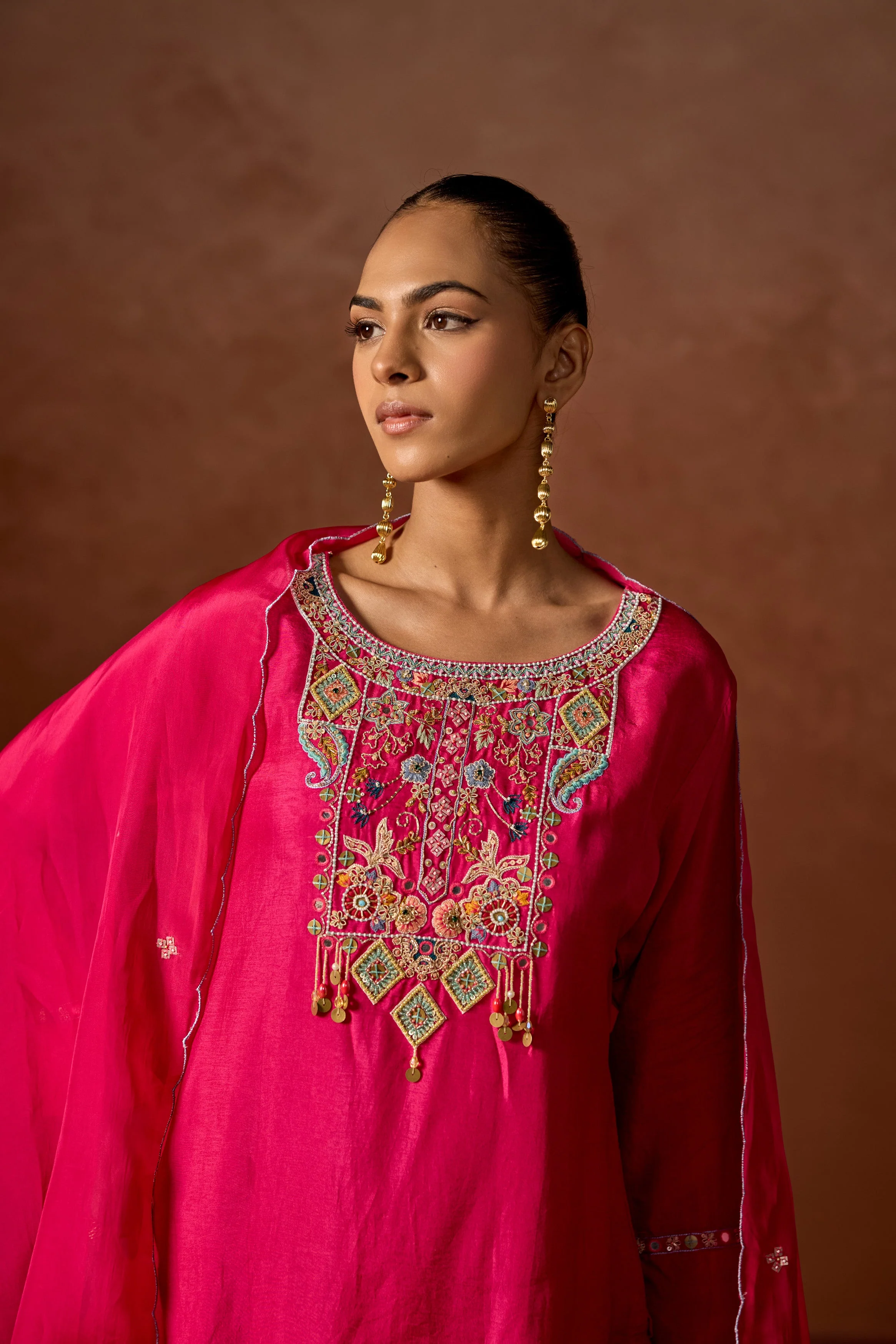 Hot Pink Embellished Chinon Silk Sharara Set - Image 3