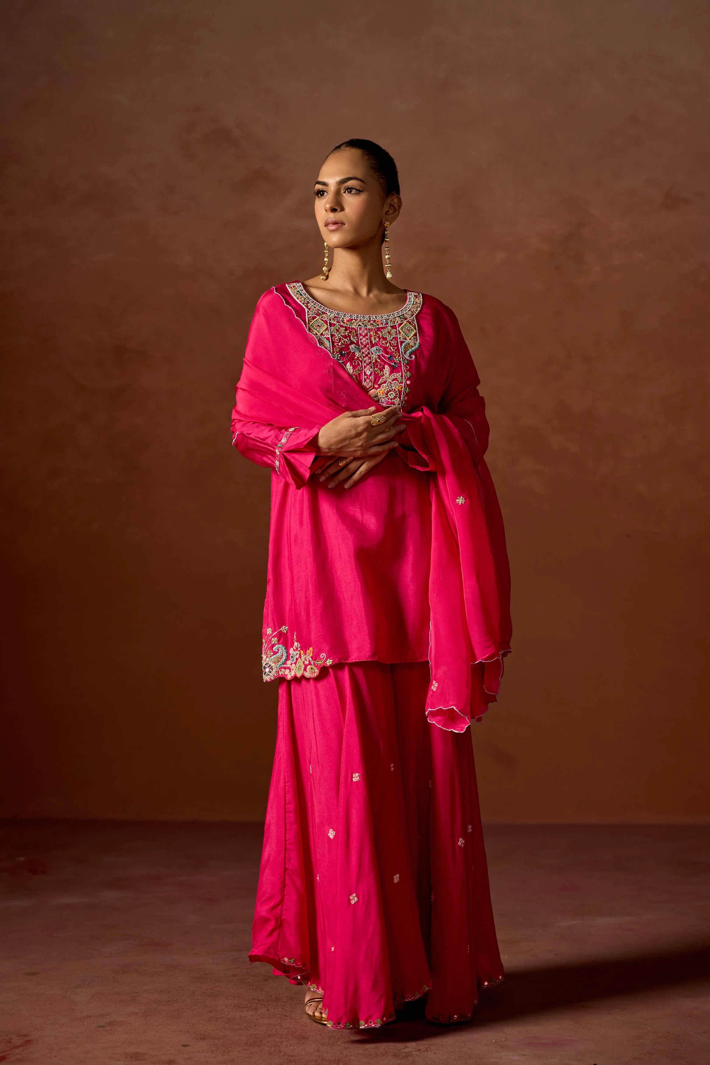 Hot Pink Embellished Chinon Silk Sharara Set - Image 4