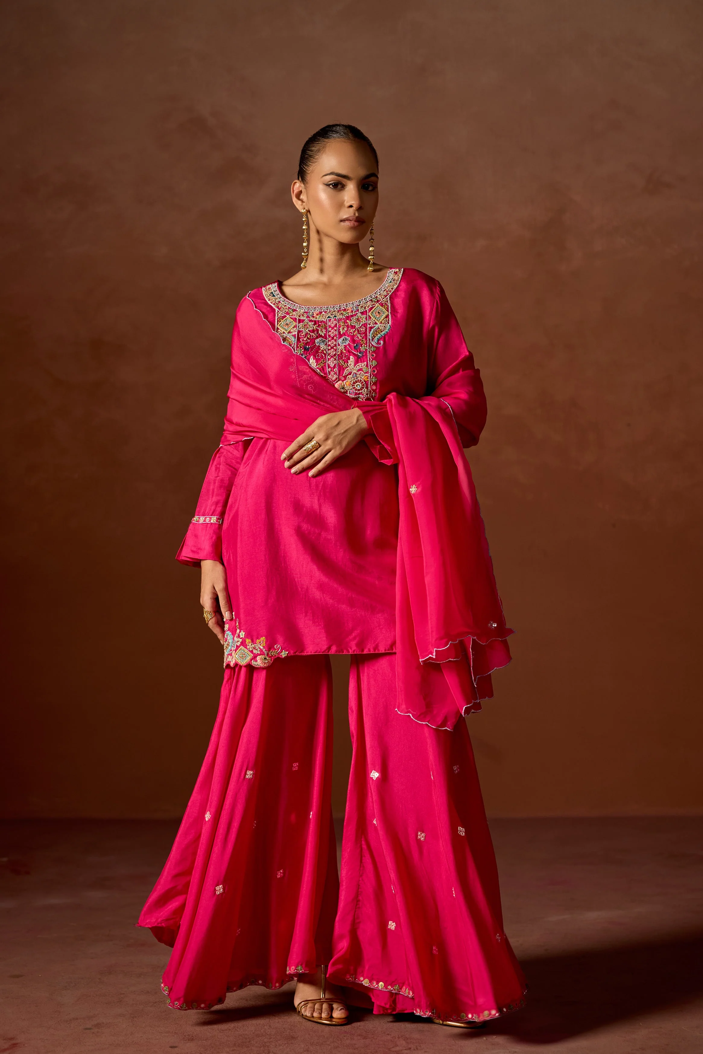 Hot Pink Embellished Chinon Silk Sharara Set - Image 5