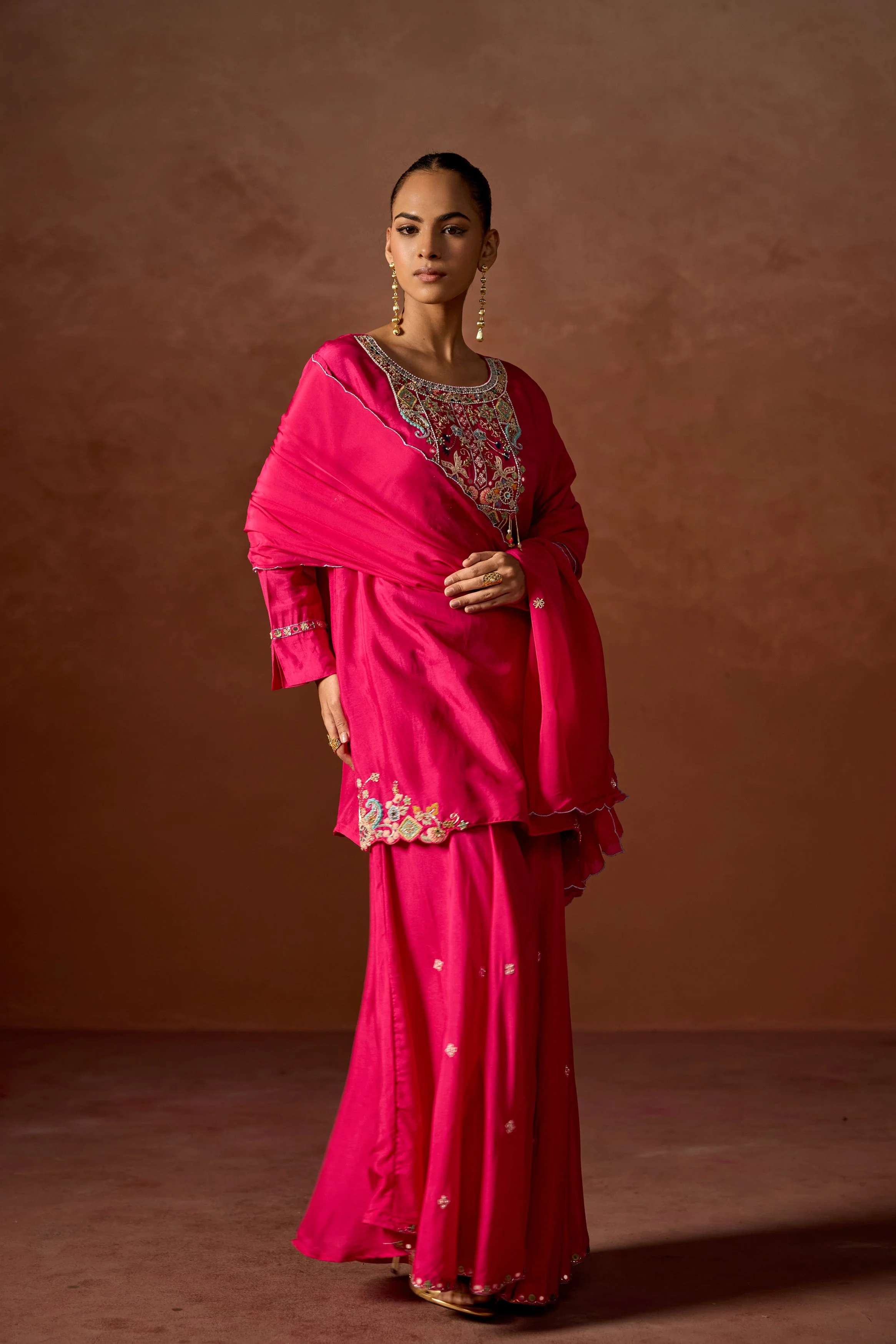Hot Pink Embellished Chinon Silk Sharara Set - Image 6