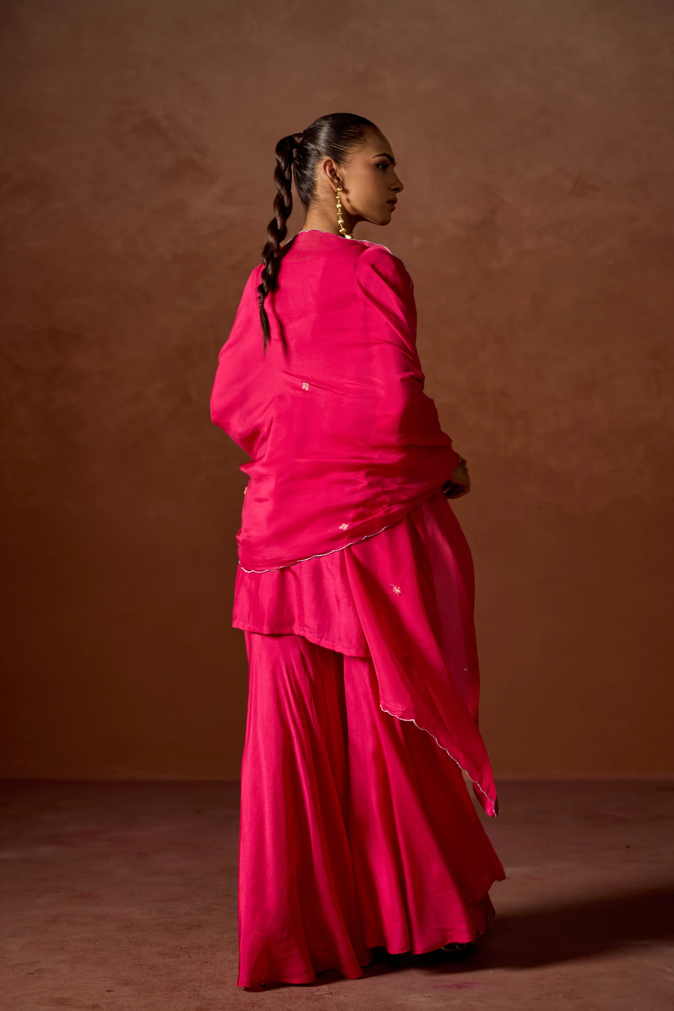 Hot Pink Embellished Chinon Silk Sharara Set - Image 7