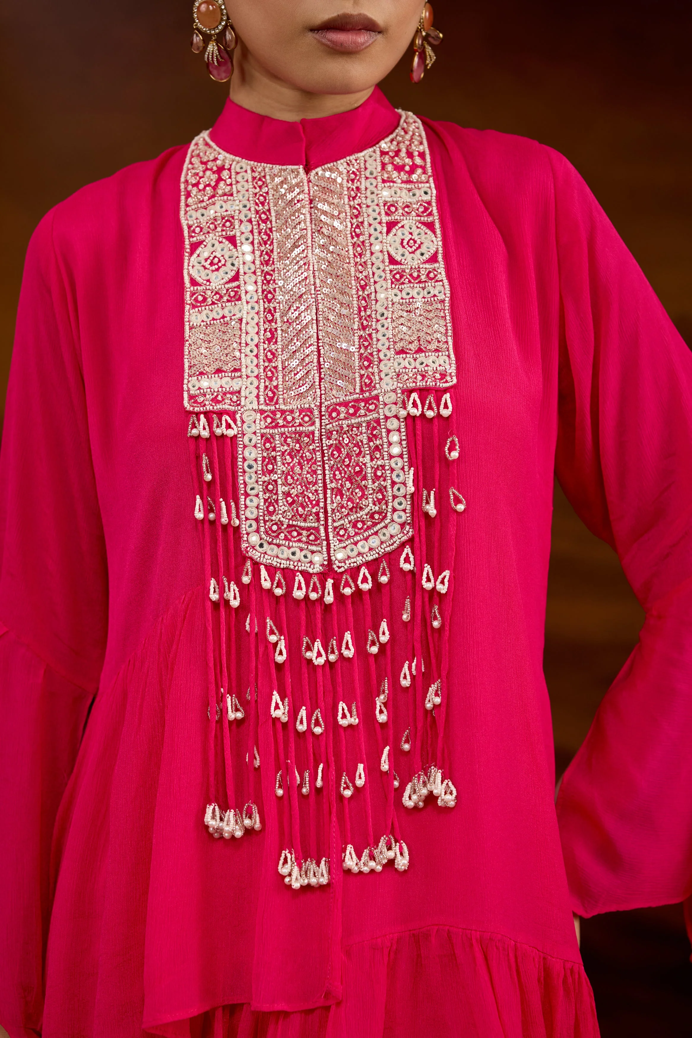 Hot Pink Embellished Chinon Silk Skirt Set - Image 2