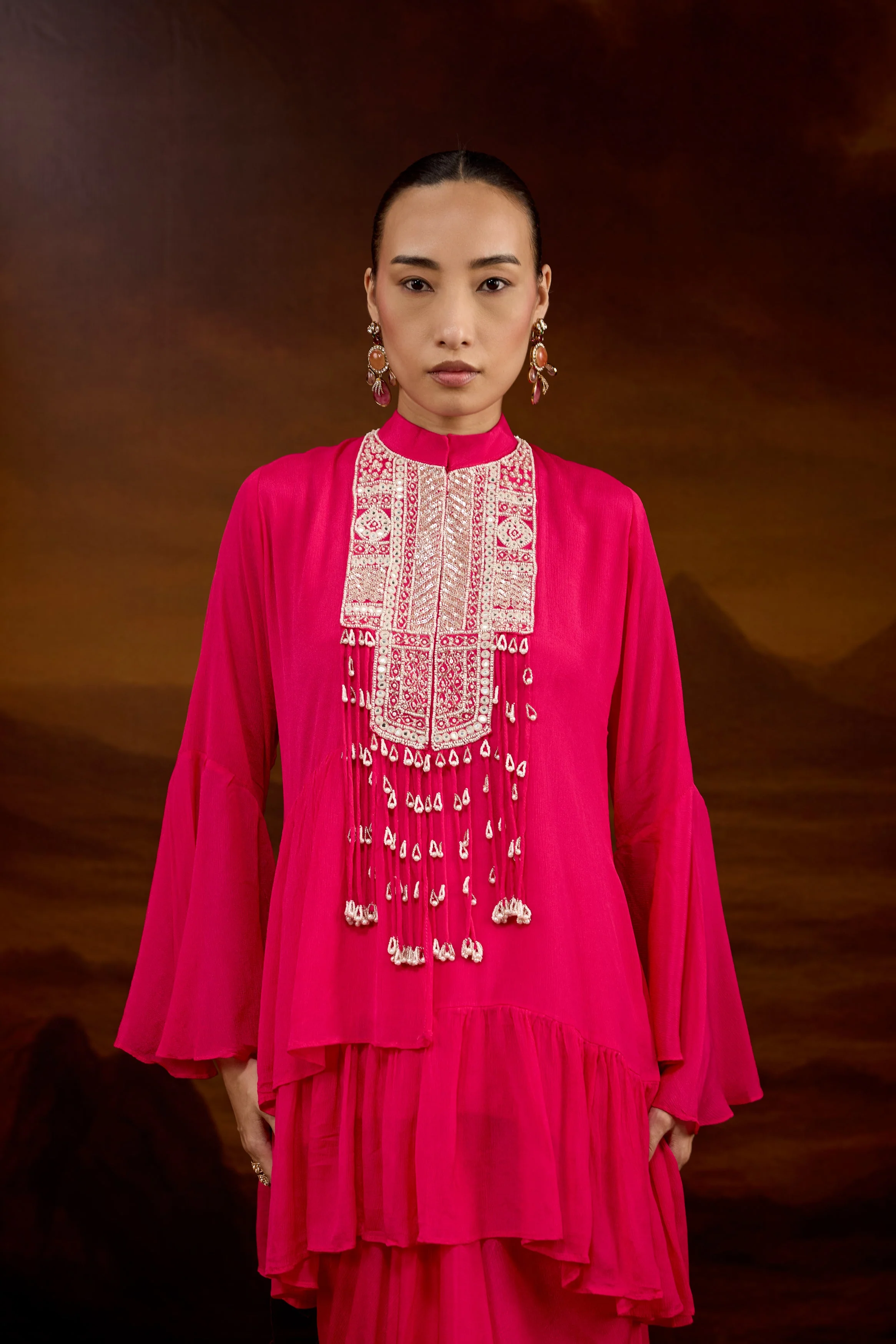 Hot Pink Embellished Chinon Silk Skirt Set - Image 3