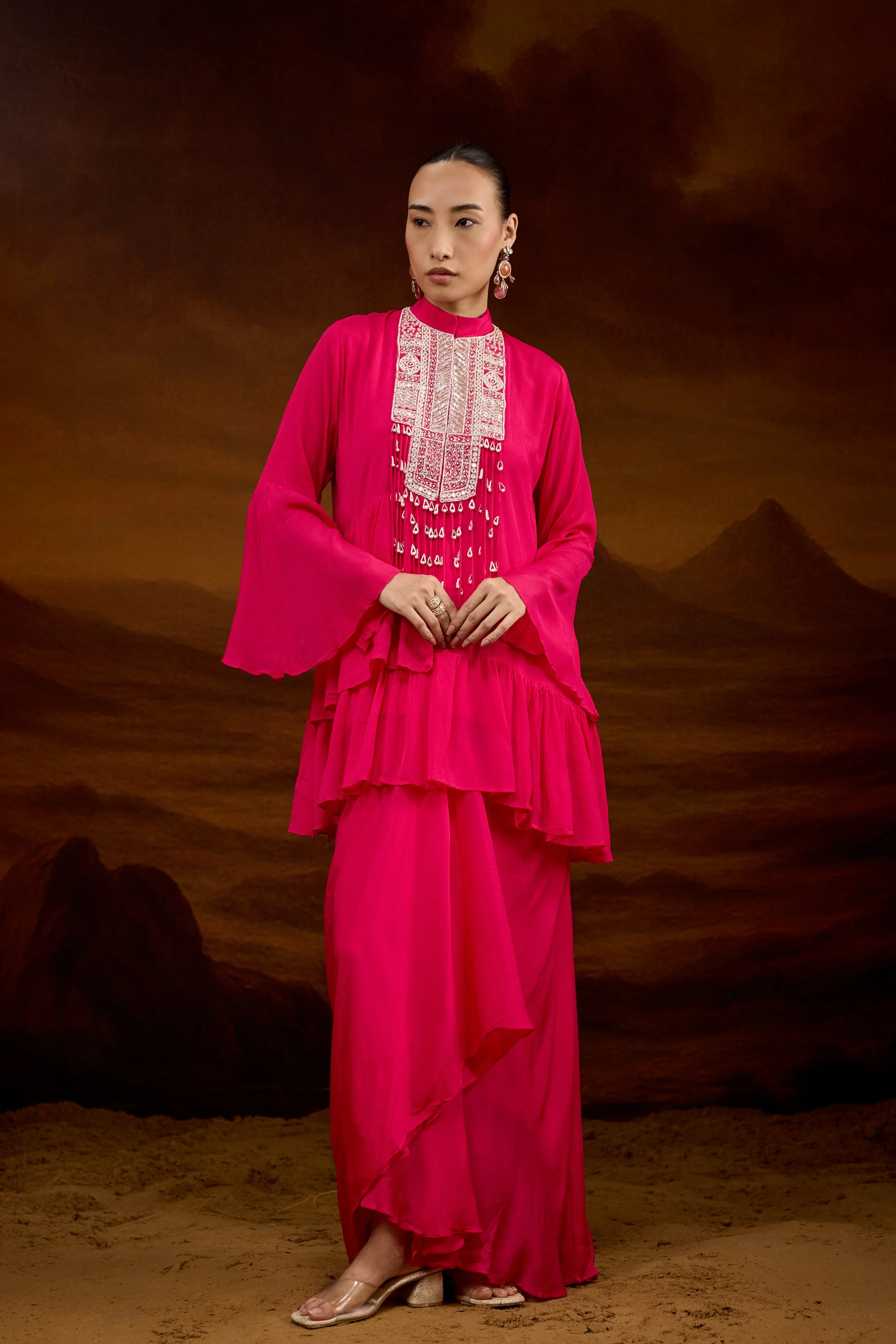 Hot Pink Embellished Chinon Silk Skirt Set - Image 4