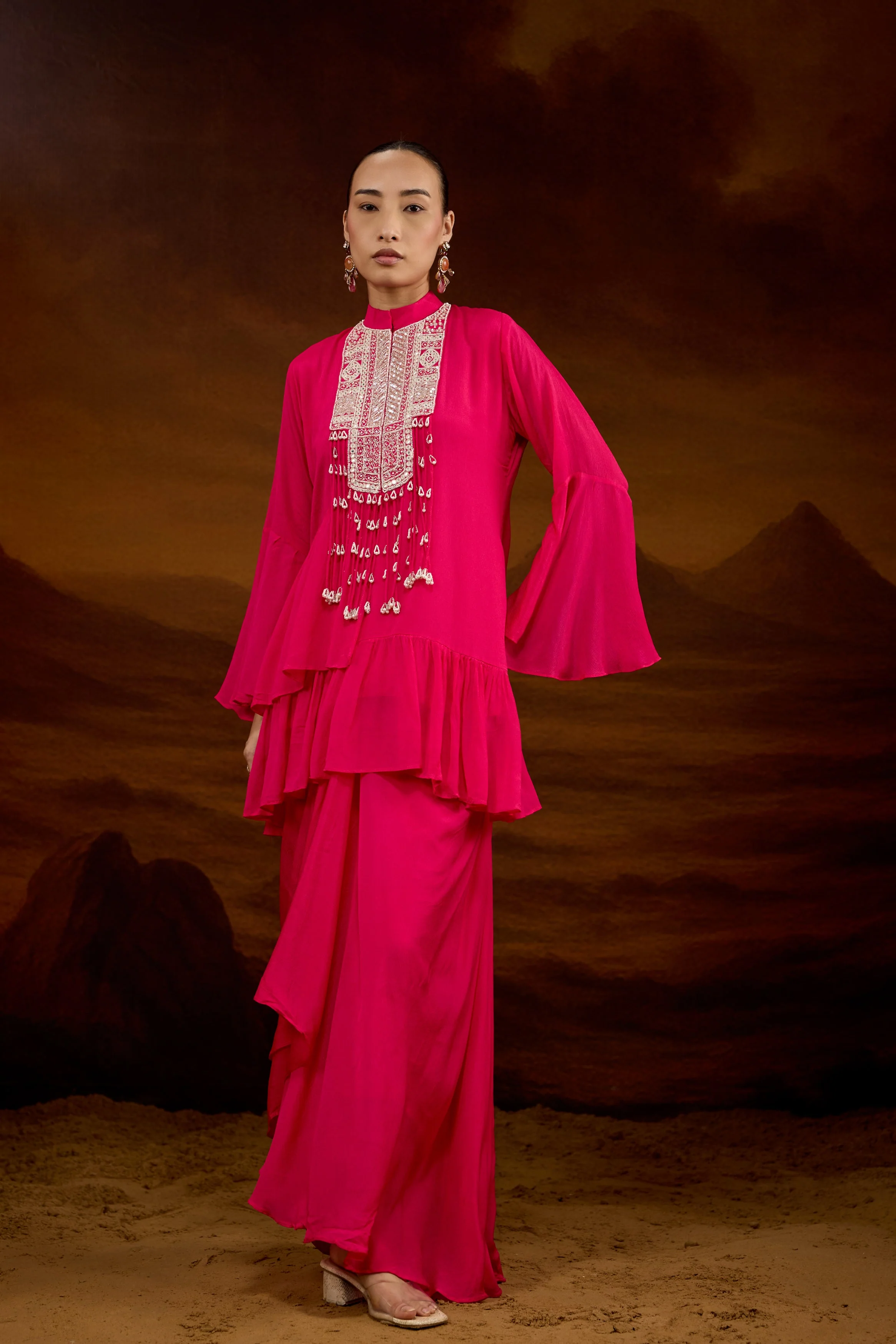 Hot Pink Embellished Chinon Silk Skirt Set - Image 5