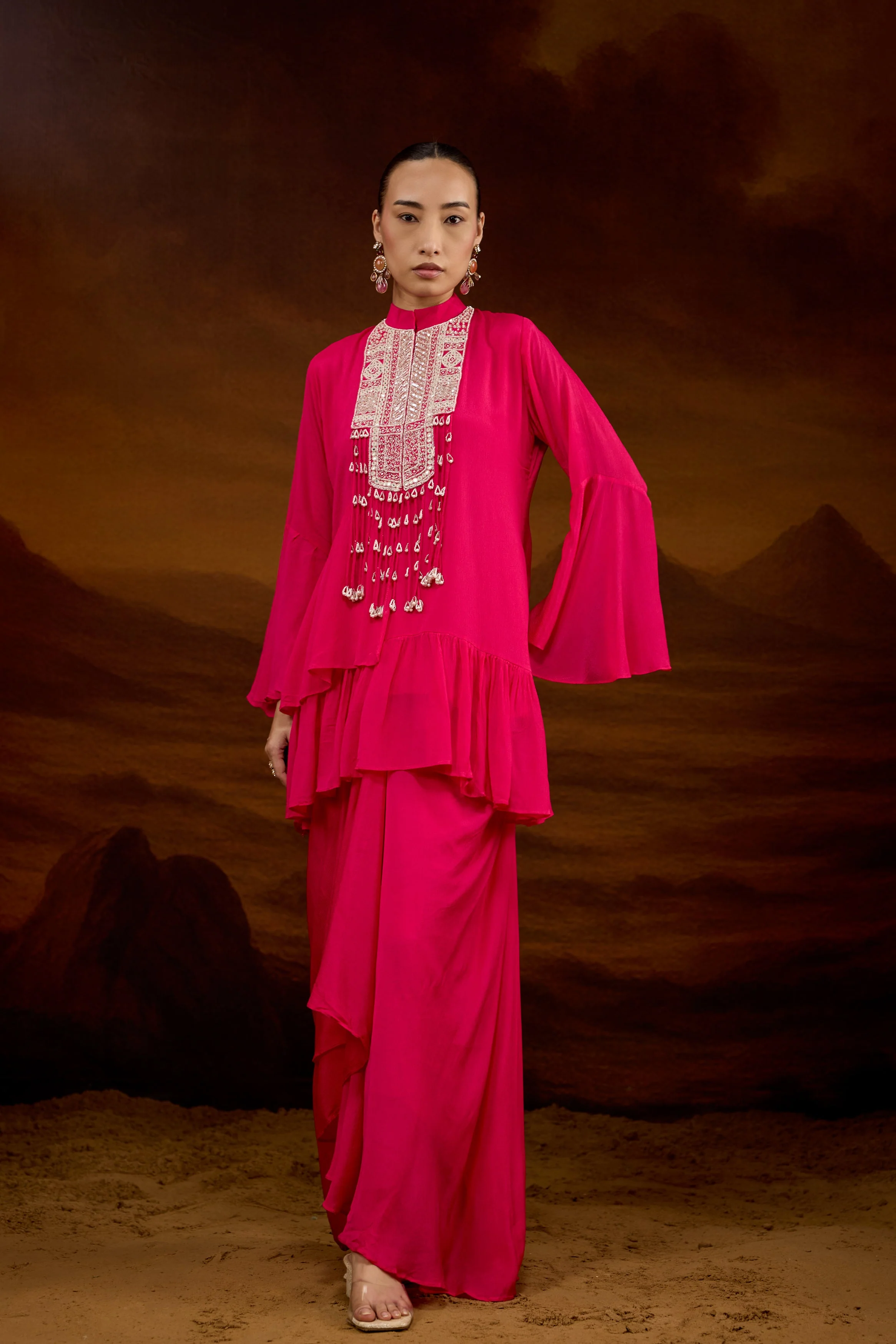 Hot Pink Embellished Chinon Silk Skirt Set - Image 6