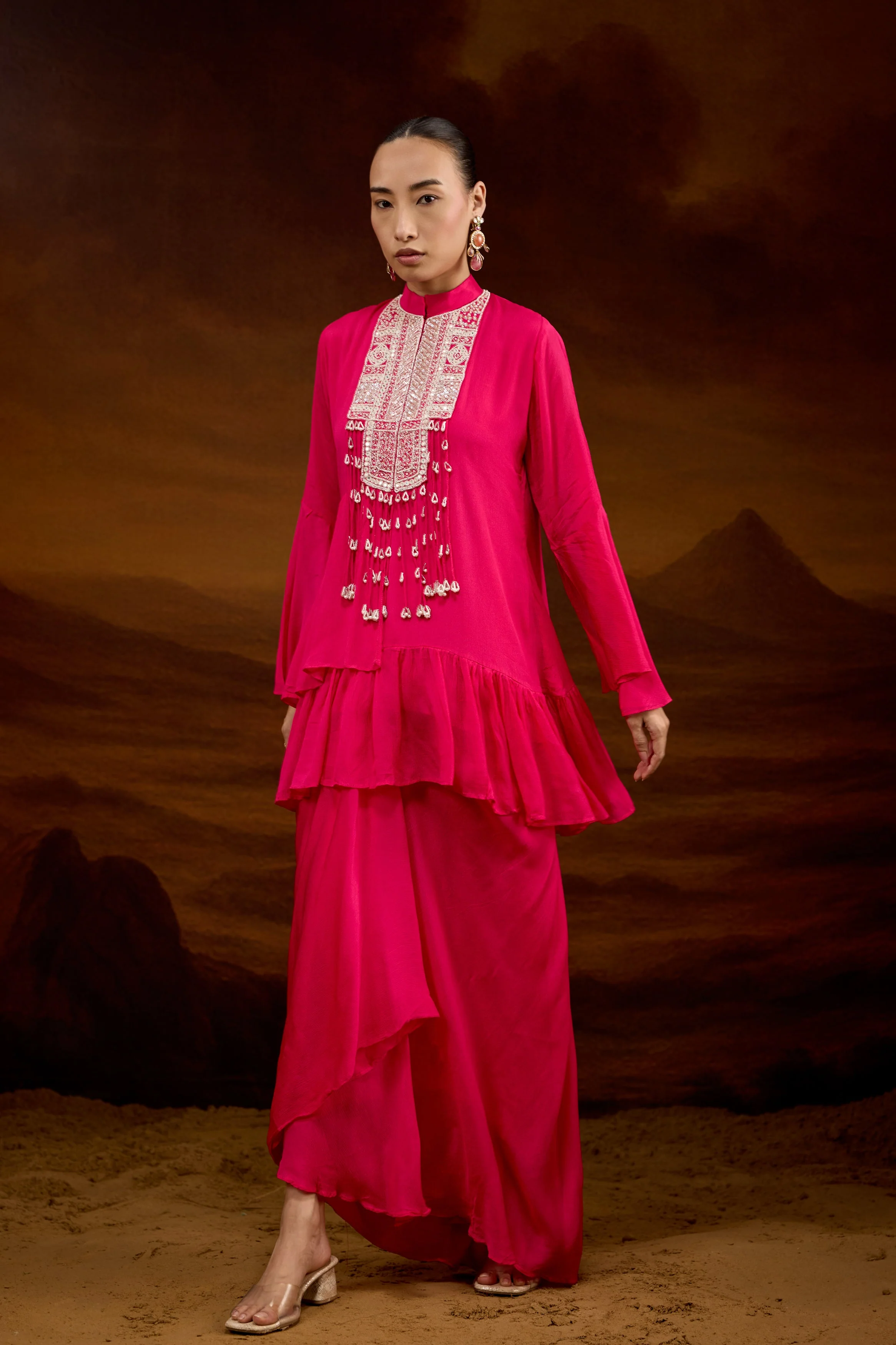 Hot Pink Embellished Chinon Silk Skirt Set - Image 7