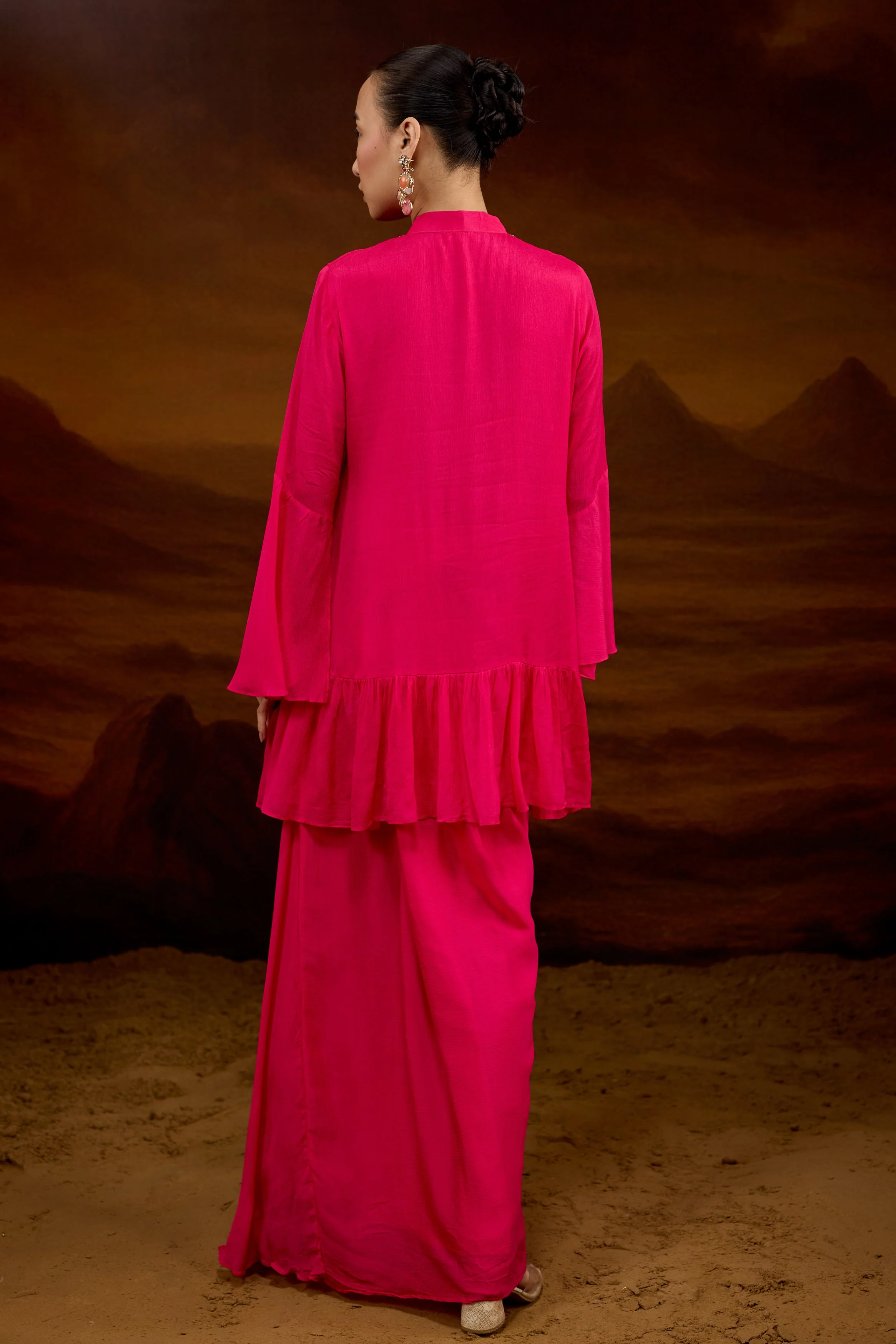 Hot Pink Embellished Chinon Silk Skirt Set - Image 8