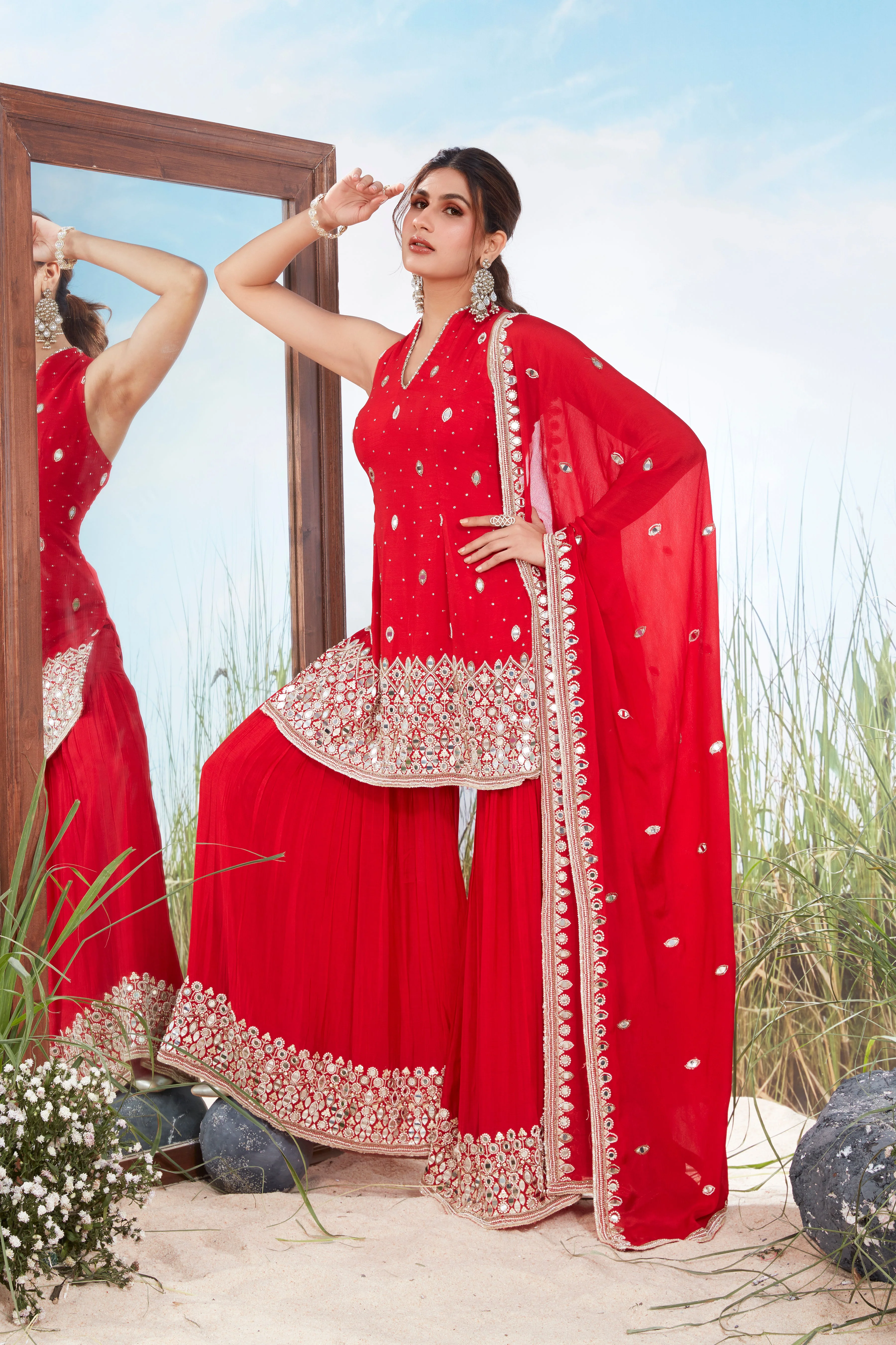 Rich Red Embellished Georgette Silk Palazzo Set - Image 2
