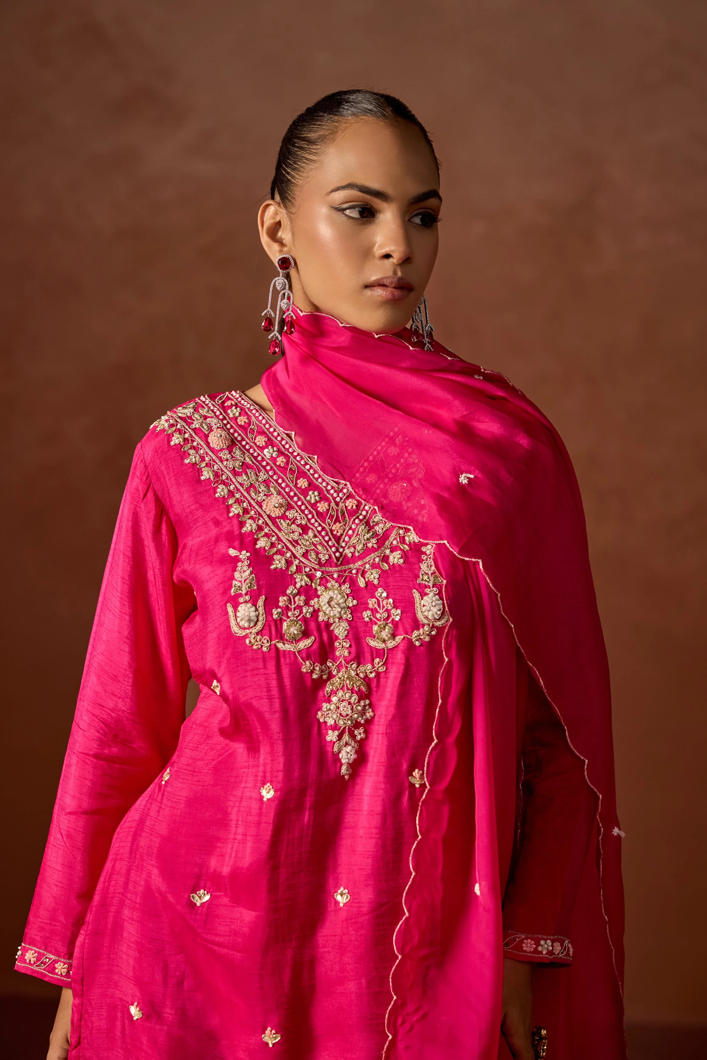 Hot Pink Embellished Raw Silk Palazzo Set - Image 3