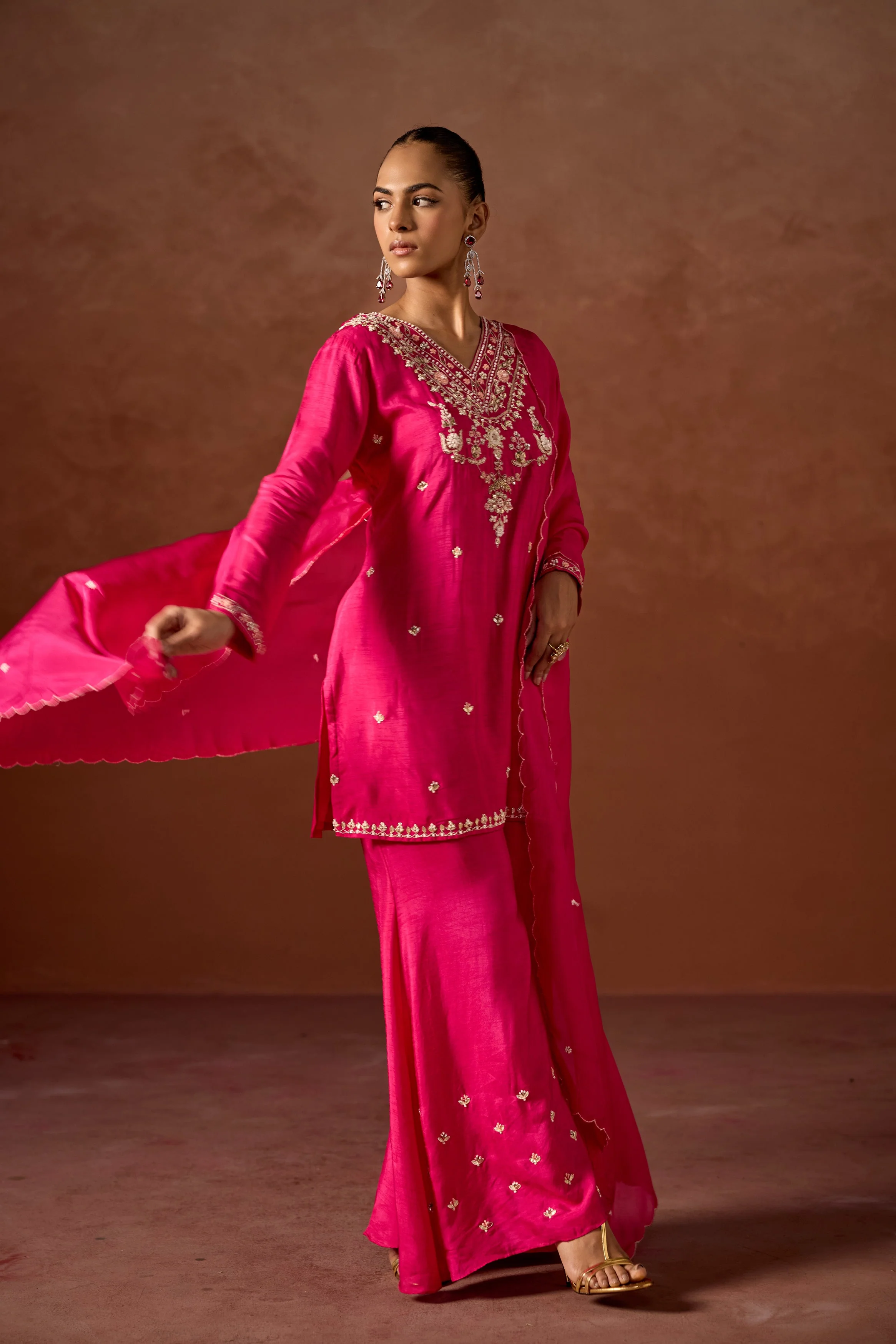 Hot Pink Embellished Raw Silk Palazzo Set - Image 4
