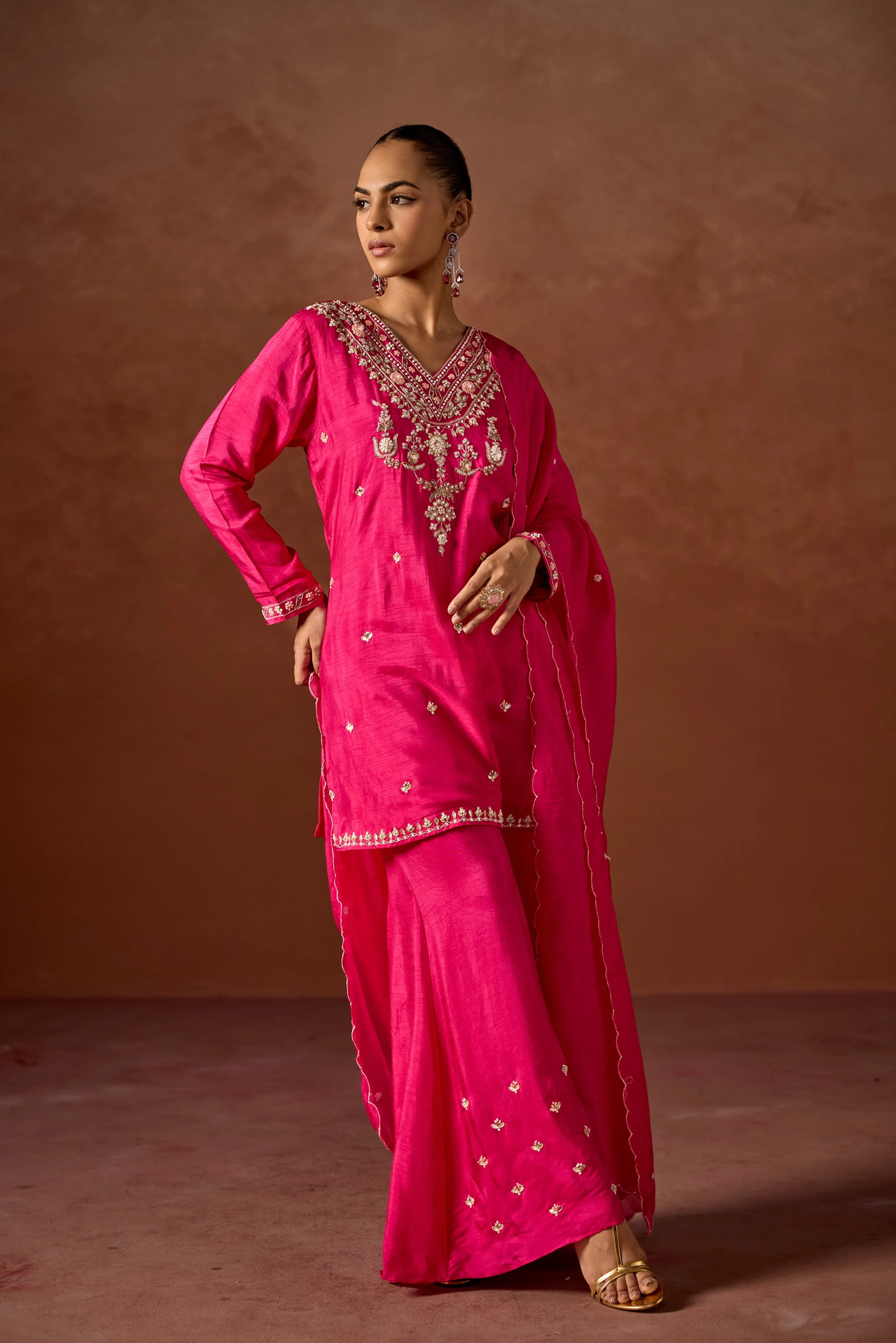 Hot Pink Embellished Raw Silk Palazzo Set - Image 5