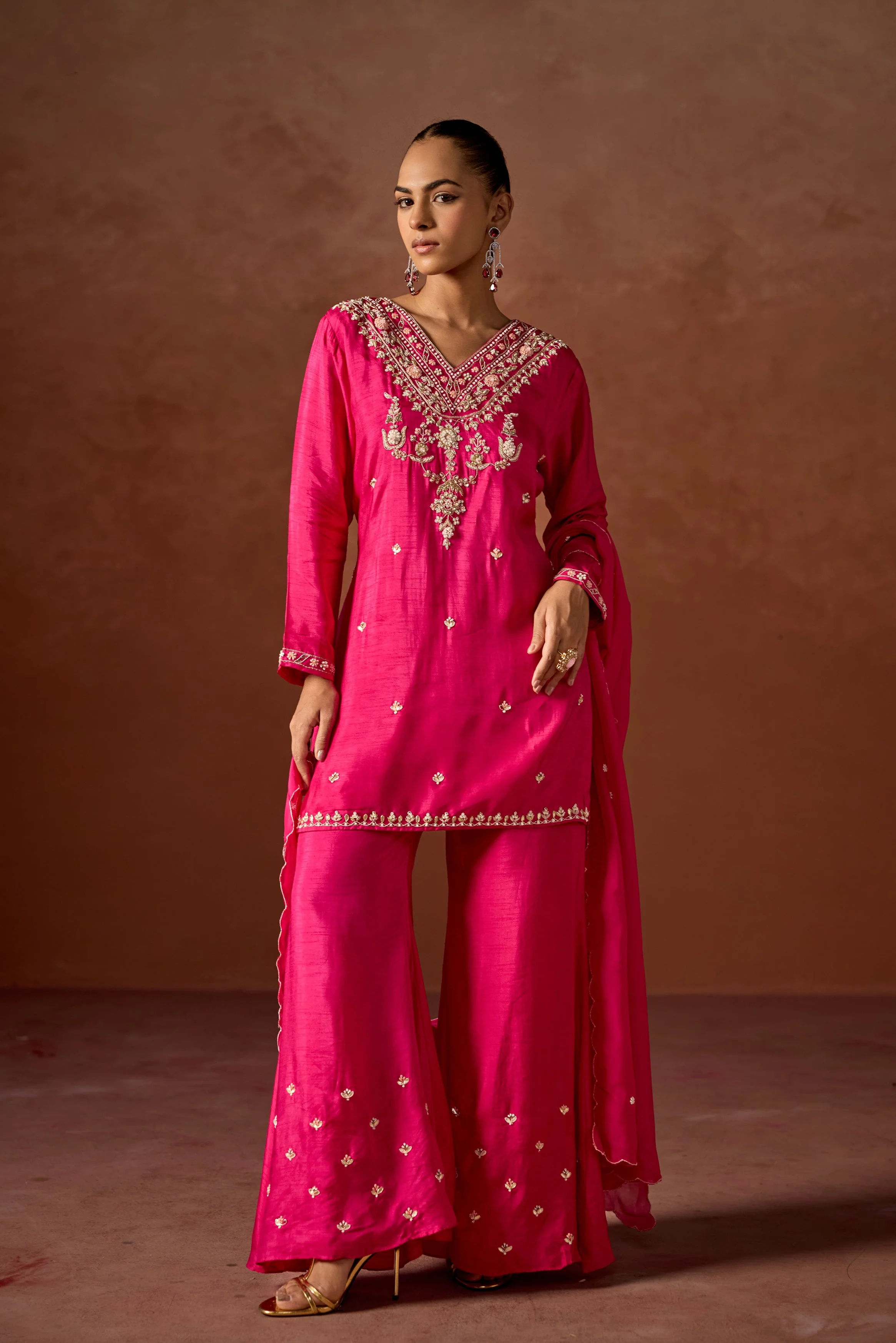 Hot Pink Embellished Raw Silk Palazzo Set - Image 6