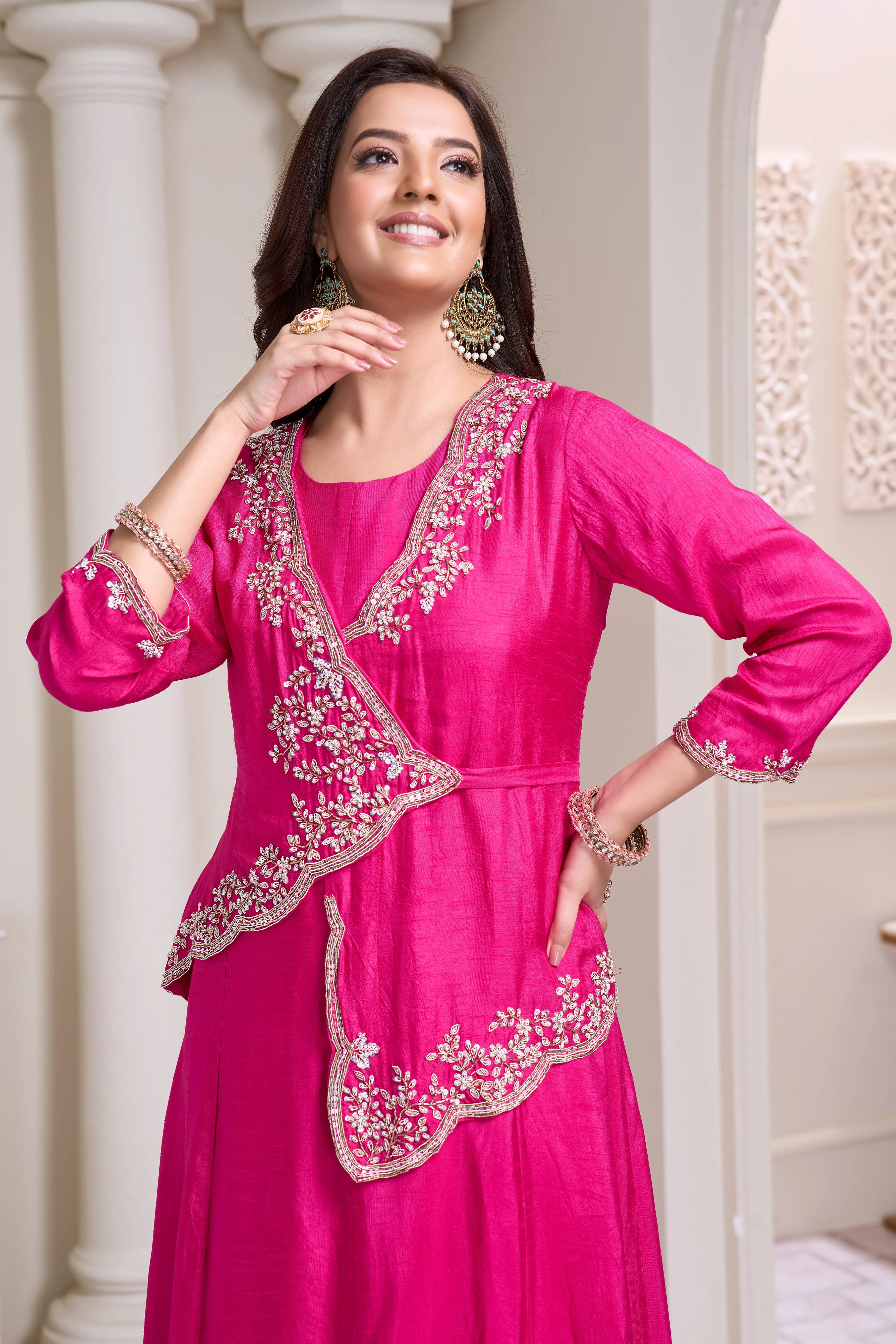 Hot Pink Embellished Raw Silk Gown - Image 2