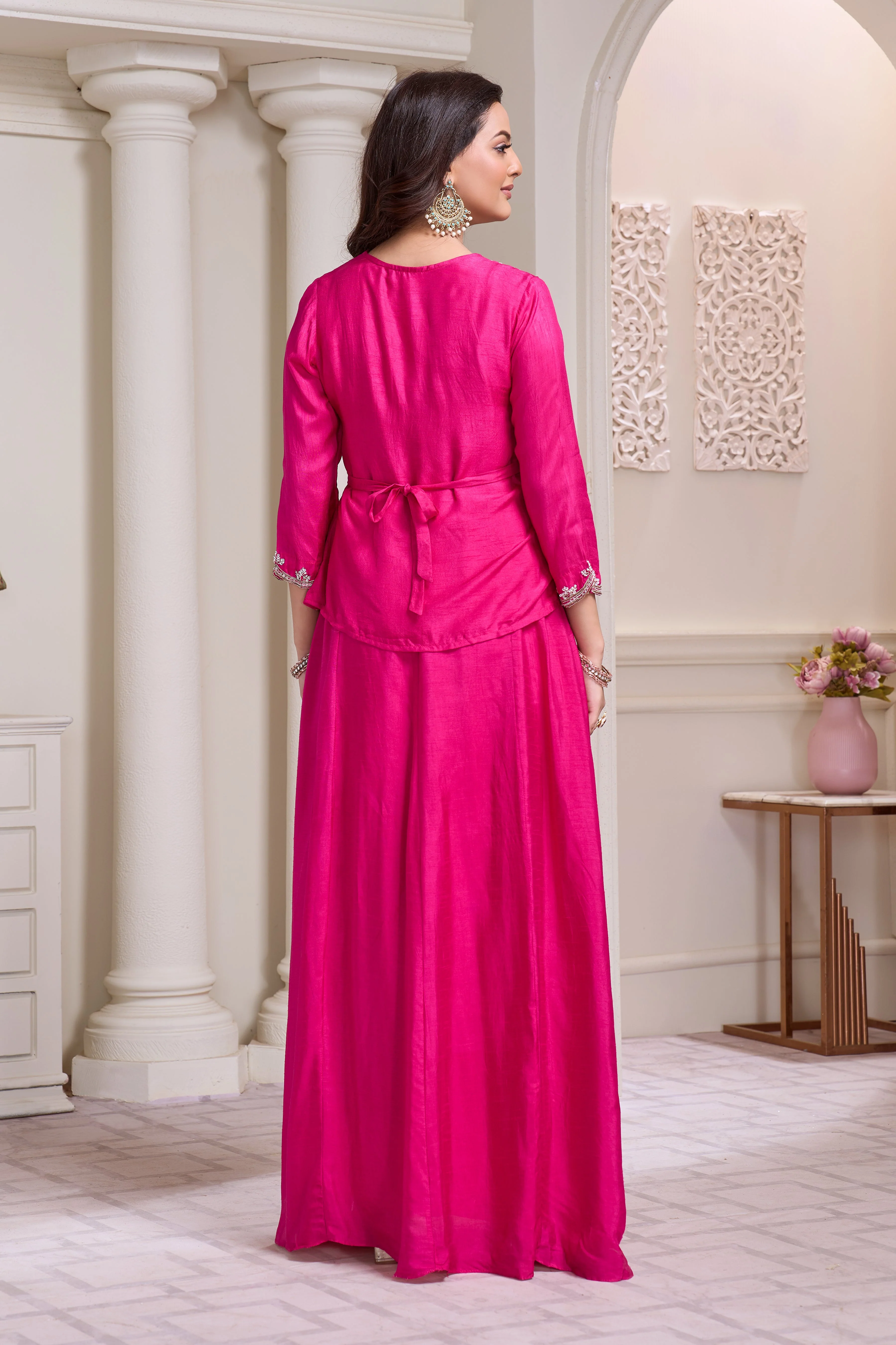 Hot Pink Embellished Raw Silk Gown - Image 3
