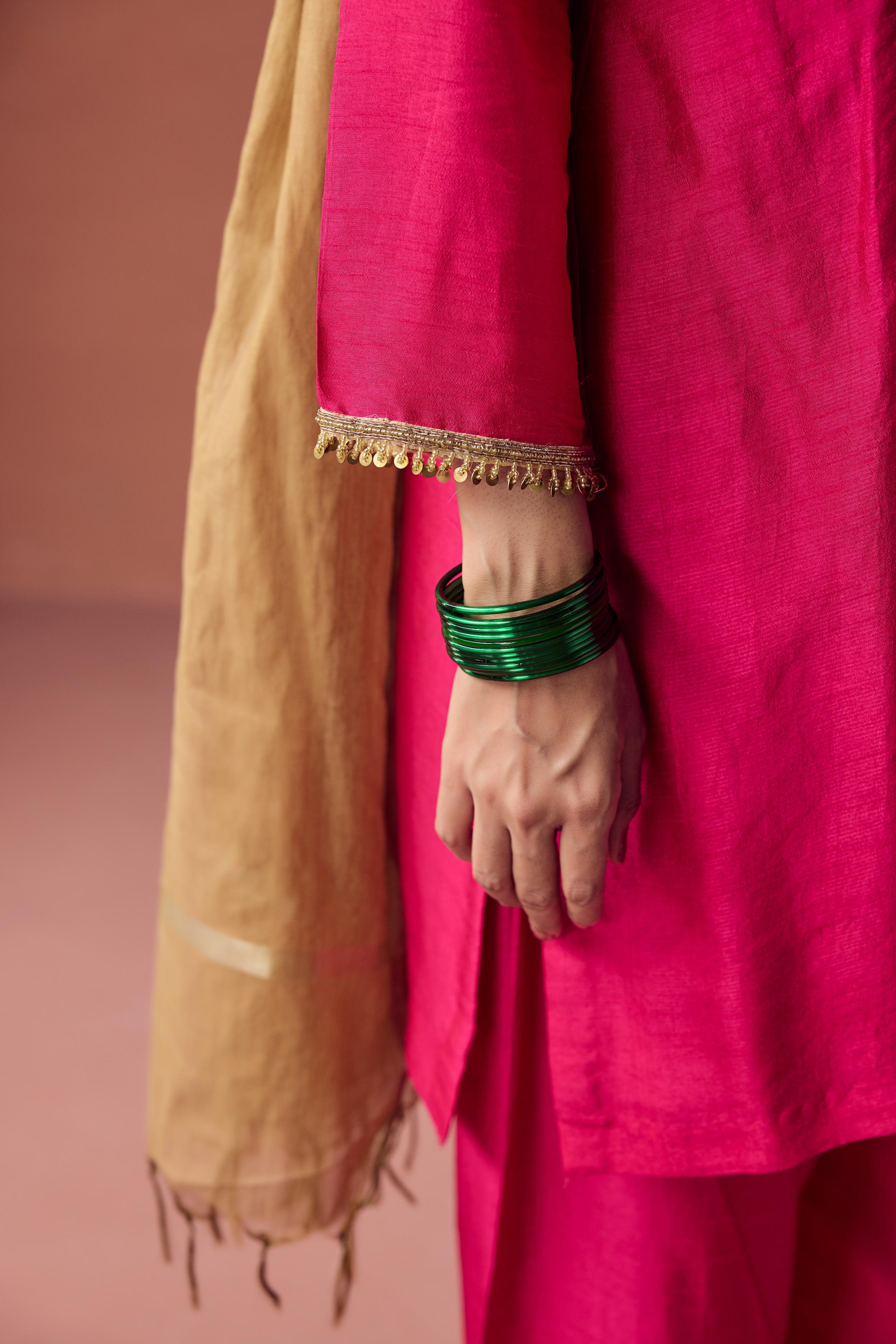 Hot Pink Embellished Raw Silk Palazzo Set - Image 3